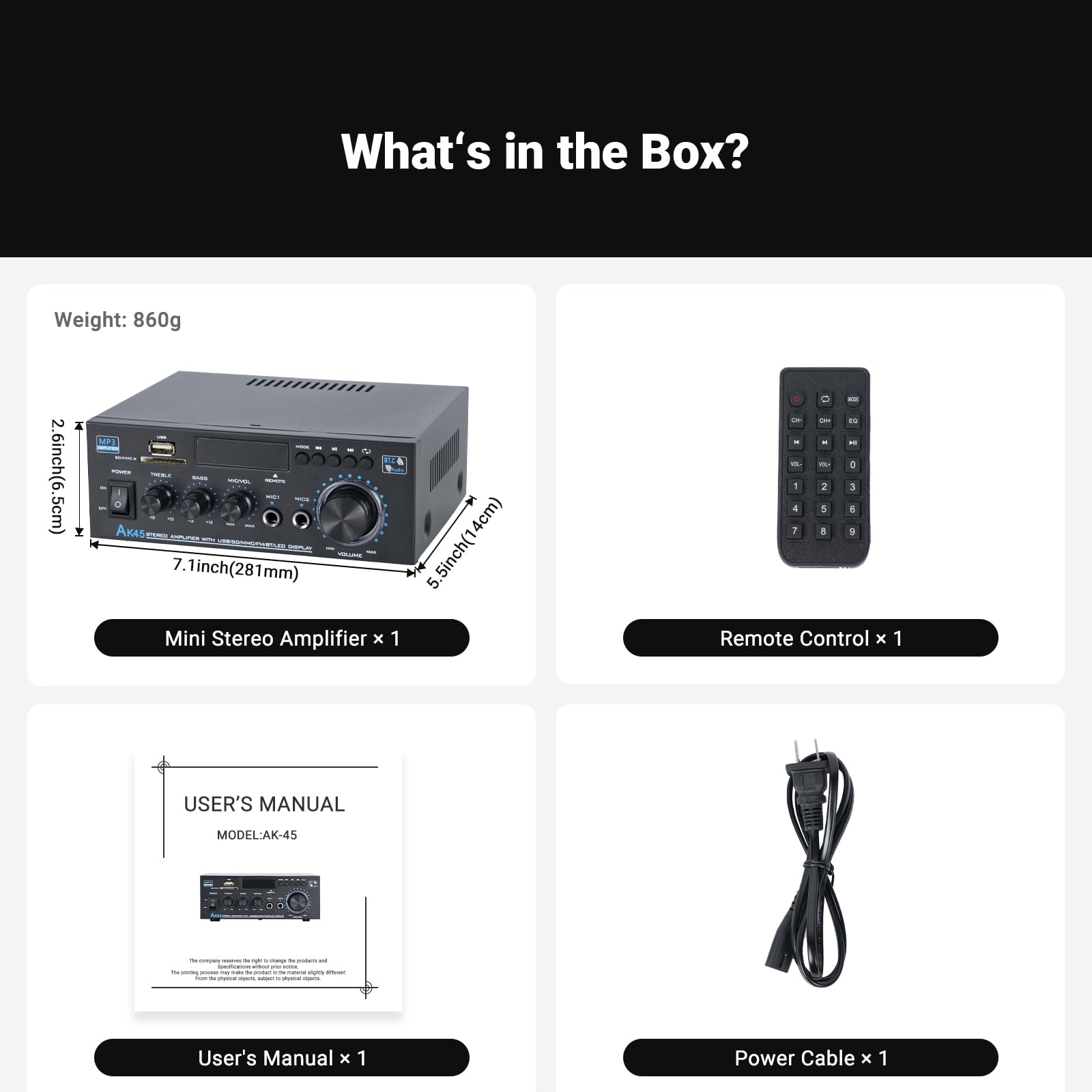 NEOHIPO Stereo Receiver & Amplifier Home Audio Amp, AK45 Bluetooth Receiver for Home Stereo, 300Wx2, Bluetooth 5.0, 2 Channel, w/FM & Karaoke, w/USB/SD/RCA/MIC/FM in, w/Remote, for Garage Party Market