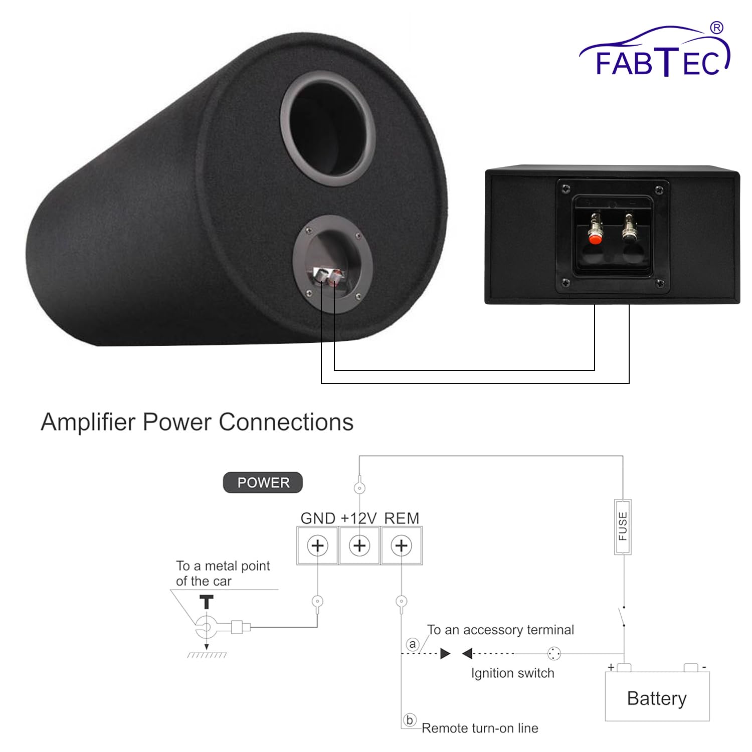 FABTEC 12V Dual Channel 120W Car Amplifier Stereo Power Mono Amp Audio, Bass Sub- Woofer kit, Monoblock, Black Body Encloser,Car Multi Channel Amplifier Class AB, Mosfet Dc Power Supply