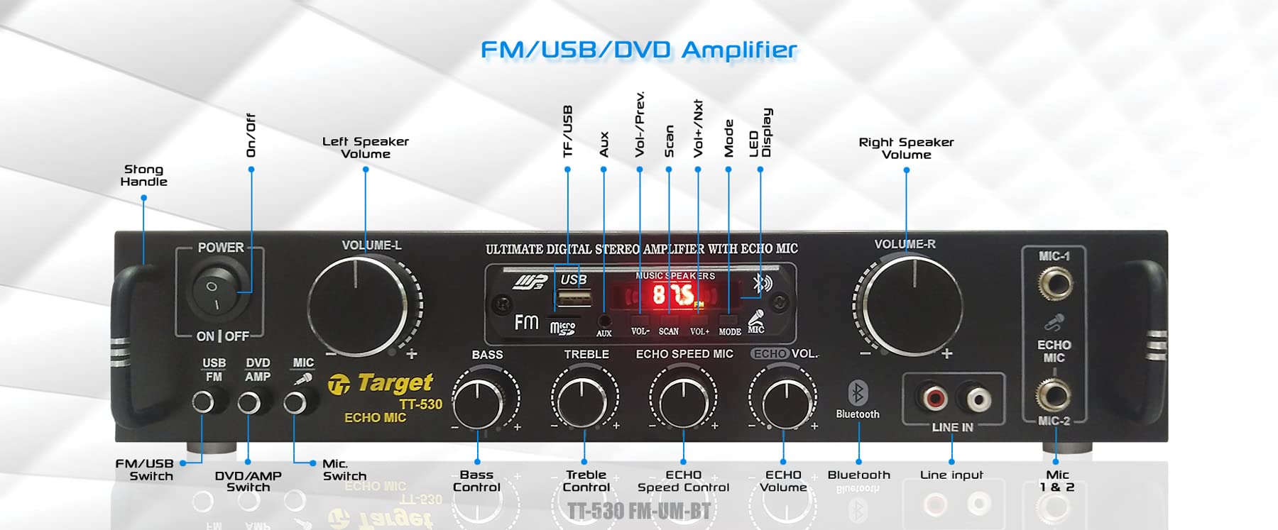TARGET - TT - 530 HIFI STEREO AMPLIFIER DIGITAL TECH RMS 80 WATTS WITH USB,AUX,MIC,BLUTHOOTH,AV,2RC-BUILT IN BLUTHOOTH WITH 4440 DOUBLE IC CIRCUIT POWER AV AMPLIFIER PERFECT FOR HOME AND OUTDOOR - Image 7