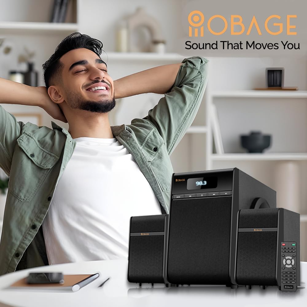 OBAGE Essential-5 2.1 Home Theatre System | 40W Output | HDMI ARC | Digital Bass & Treble Control | Bluetooth 5.3, USB, FM, AUX | Deep Bass Surround Sound for TV, Music & Movies
