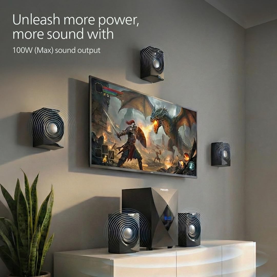 Philips MMS5634/94 5.1 Bluetooth Speaker System for Home, 100W Multimedia Speakers with Powerful woofer, Wireless Audio Streaming, Surround Sound Speakers for TV, Laptop with Remote Control (Black) - Image 4