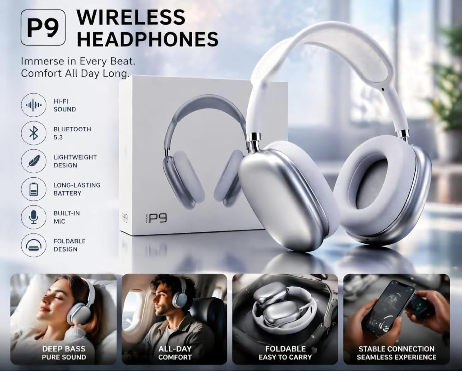 Wireless Bluetooth 5.3 Over-Ear Headphones, Hi-Fi Stereo Sound, Built-in Mic, Long Battery Life - Image 3