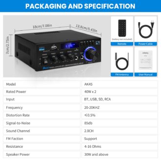 AK45 Bluetooth 5.0 Power Amplifier 2.0CH 40W x 2 Output Max 400W Subwoofer Hi-Fi Audio Amplifier Stereo Amp Receiver for Home Theater and Car Speaker W/Mic USB FM Radio