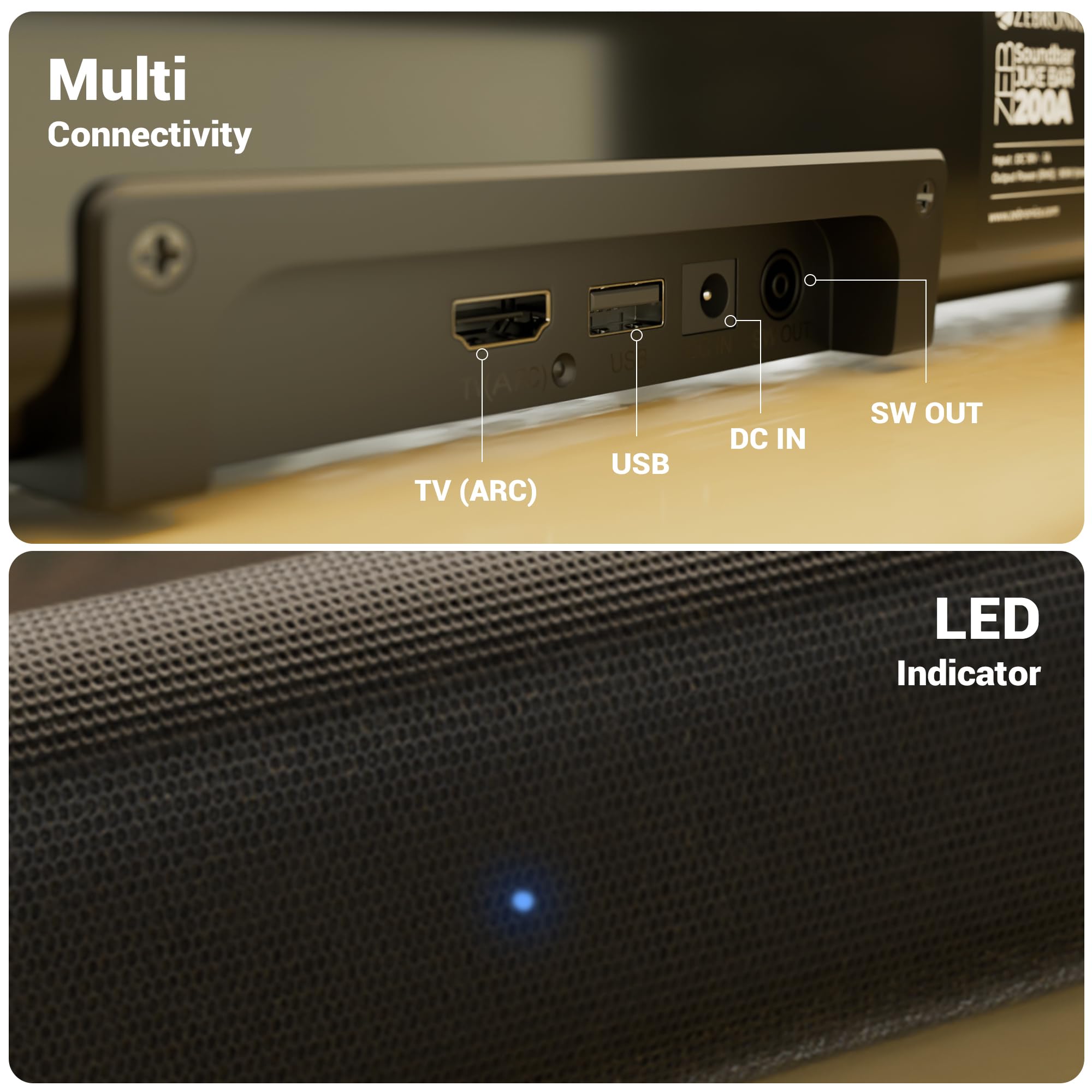 ZEBRONICS 90 Watts, Compact Soundbar, Home Theatre, Dual Driver Soundbar, 11.43cm Subwoofer, HDMI ARC, Bluetooth v5.1, Wall Mountable, Glossy Finish (Juke BAR 200A) - Image 7