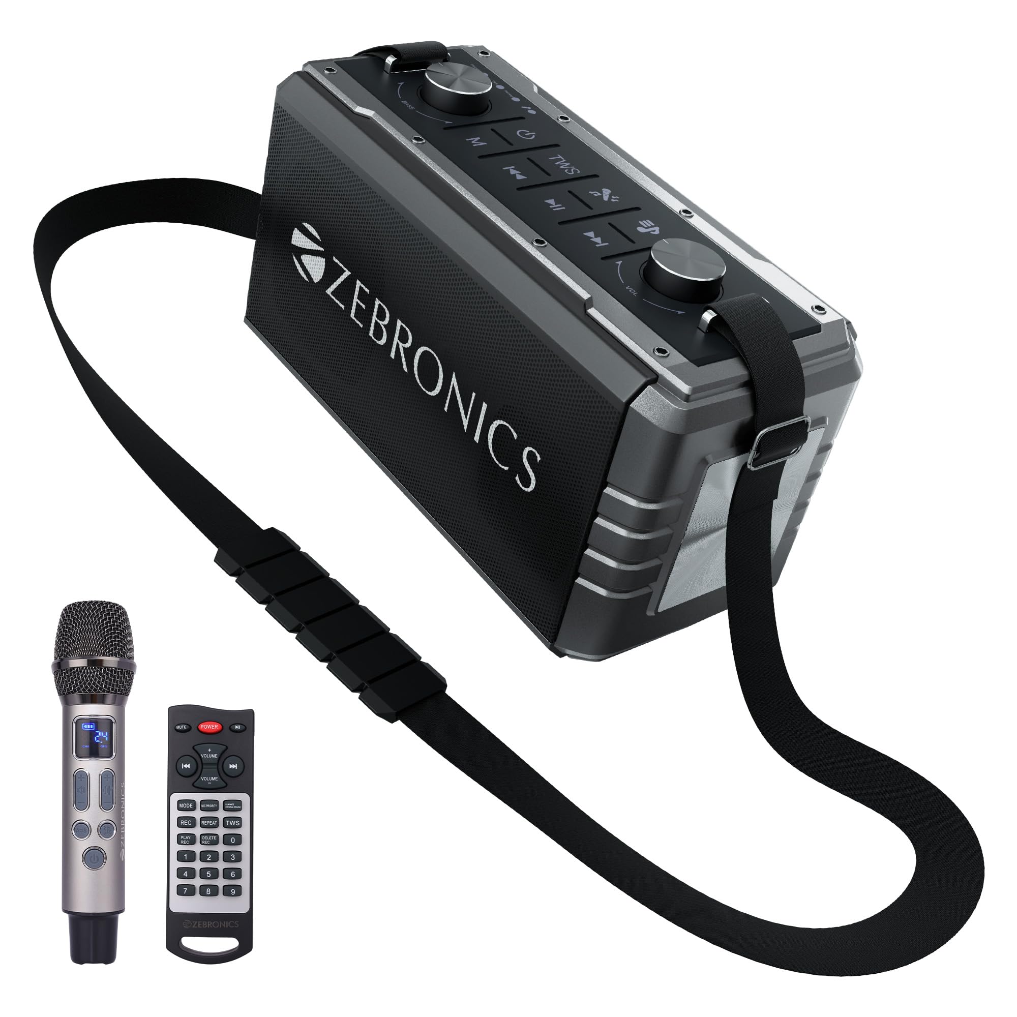 ZEBRONICS Music Bomb 2 Party Speaker with 80W, Supports Bluetooth, 10h Backup, USB, mSD, AUX, 6.3mm Guitar Input, TWS, Karaoke, Wireless Microphone, Detachable Carry Strap - Image 2
