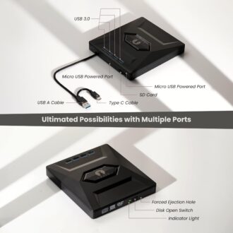 Cezo 7-in-1 External DVD Drive: Portable USB 3.0 & Type-C CD/DVD +/-RW Burner with SD Card Reader and Integrated 4 USB Ports for Laptop, Mac, Windows 11/10/7, and Linux