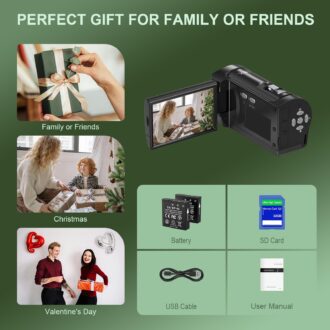 Tixeuo 2.7K Video Camera Camcorder QHD 50MP YouTube Vlogging Camera 16X Digital Zoom Webcam 270 Degree Rotation Screen Camcorders with 32G SD Card and 2 Batteries Recording While Charging