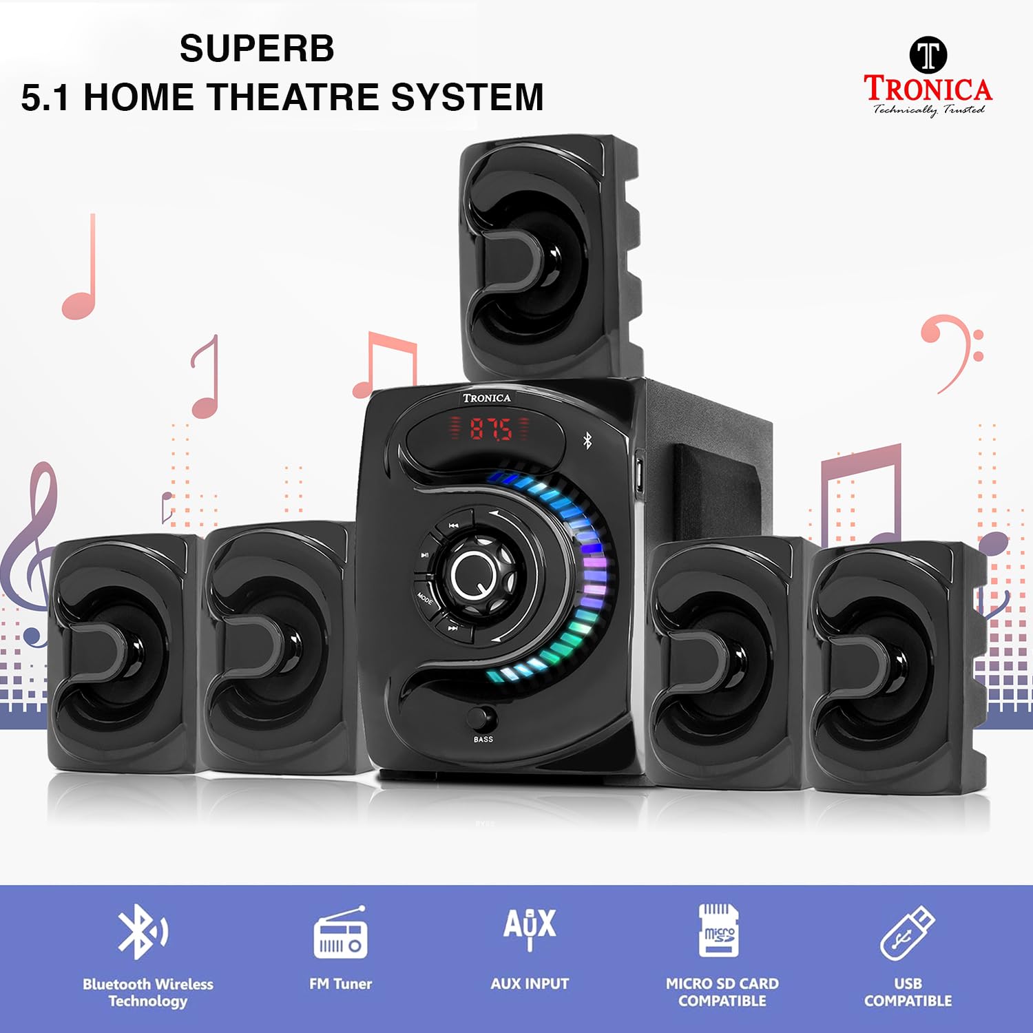 TRONICA 444 Superb 5.1 Bluetooth Home Theater System 45W with FM/PenDrive/Sd Card/Mobile/Aux Support & Remote