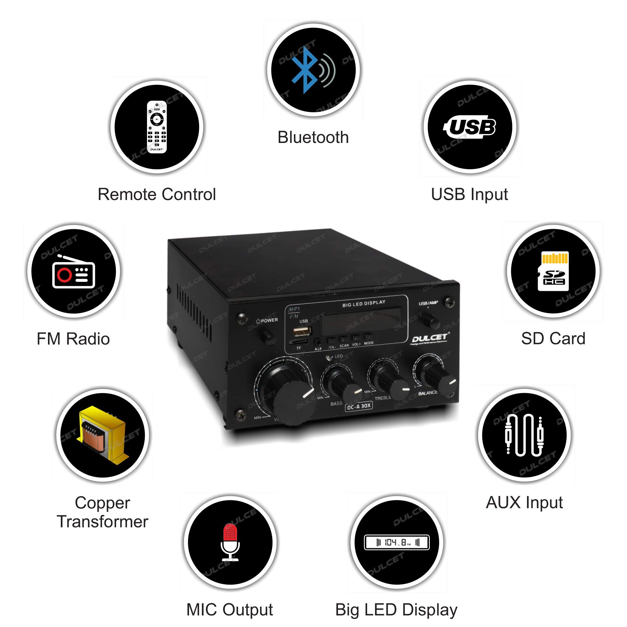 Dulcet DC-A30X 2 Channel Stereo Amplifier with Big LED Display/Bluetooth/MIC Input/USB/SD Card Slot/FM Radio/AUX Input/Remote Control & Built-in Equalizer with Bass, Treble & Balance Control - Image 3