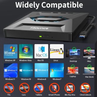 Sounce USB 3.0 & Type C External CD DVD Writer RW Optical Drive CD/DVD ROM +/- RW Burner Drive with SD/TF Card Reader Ports, USB 3.0 to C Hub for Laptop, PC, MacBook, Desktop, Notebook, Black