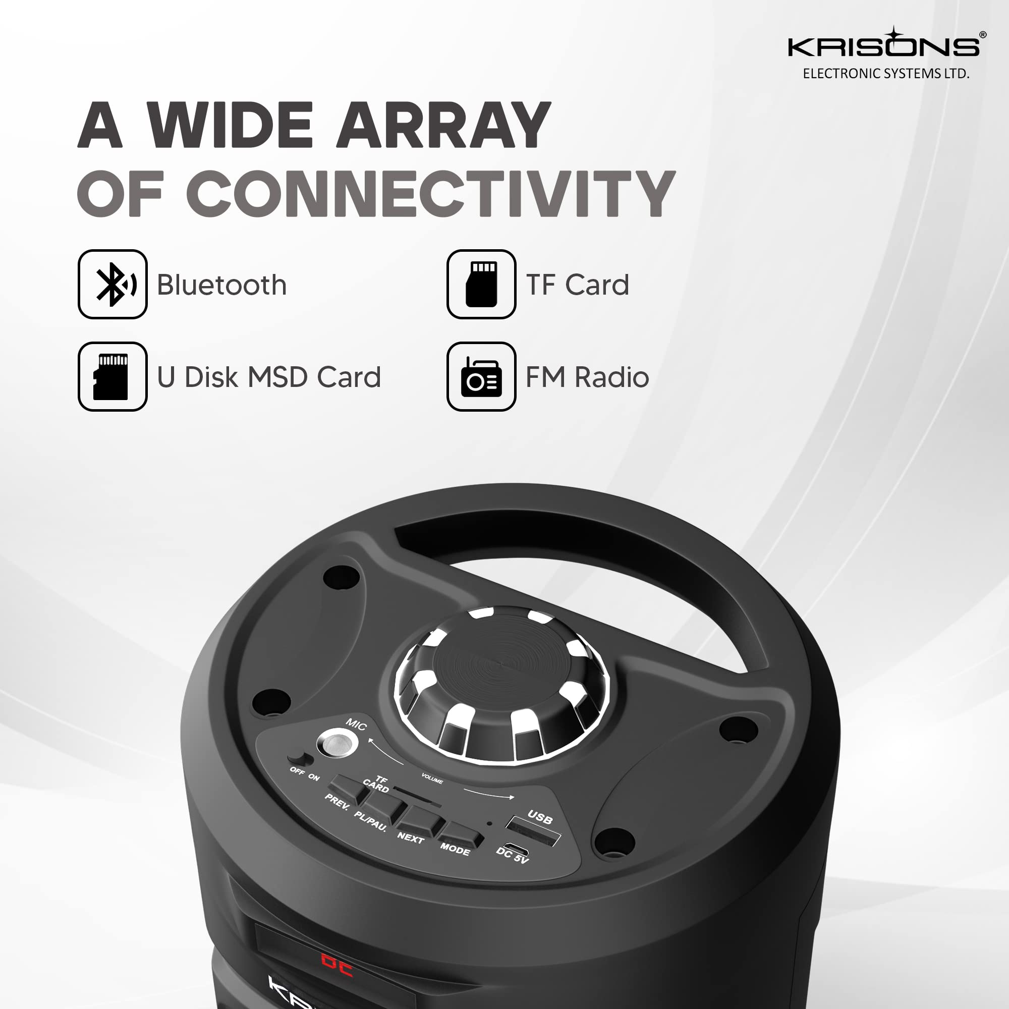 Krisons Cylender 4" Double Woofer 30W Multi-Media Bluetooth Party Speaker with Wired Mic for Karaoke,2400 MAH Battery, Digital Display,RGB Lights, USB, SD Card, FM Radio,Auto TWS Function & Remote - Image 5