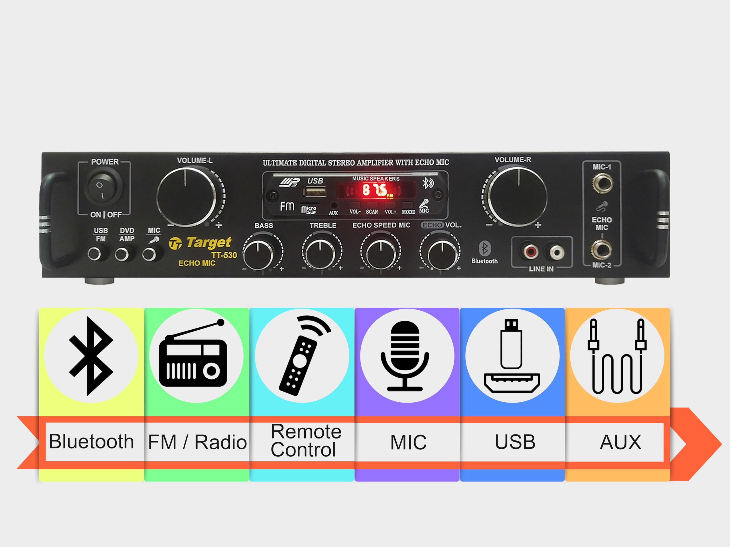 TARGET - TT - 530 HIFI STEREO AMPLIFIER DIGITAL TECH RMS 80 WATTS WITH USB,AUX,MIC,BLUTHOOTH,AV,2RC-BUILT IN BLUTHOOTH WITH 4440 DOUBLE IC CIRCUIT POWER AV AMPLIFIER PERFECT FOR HOME AND OUTDOOR - Image 6