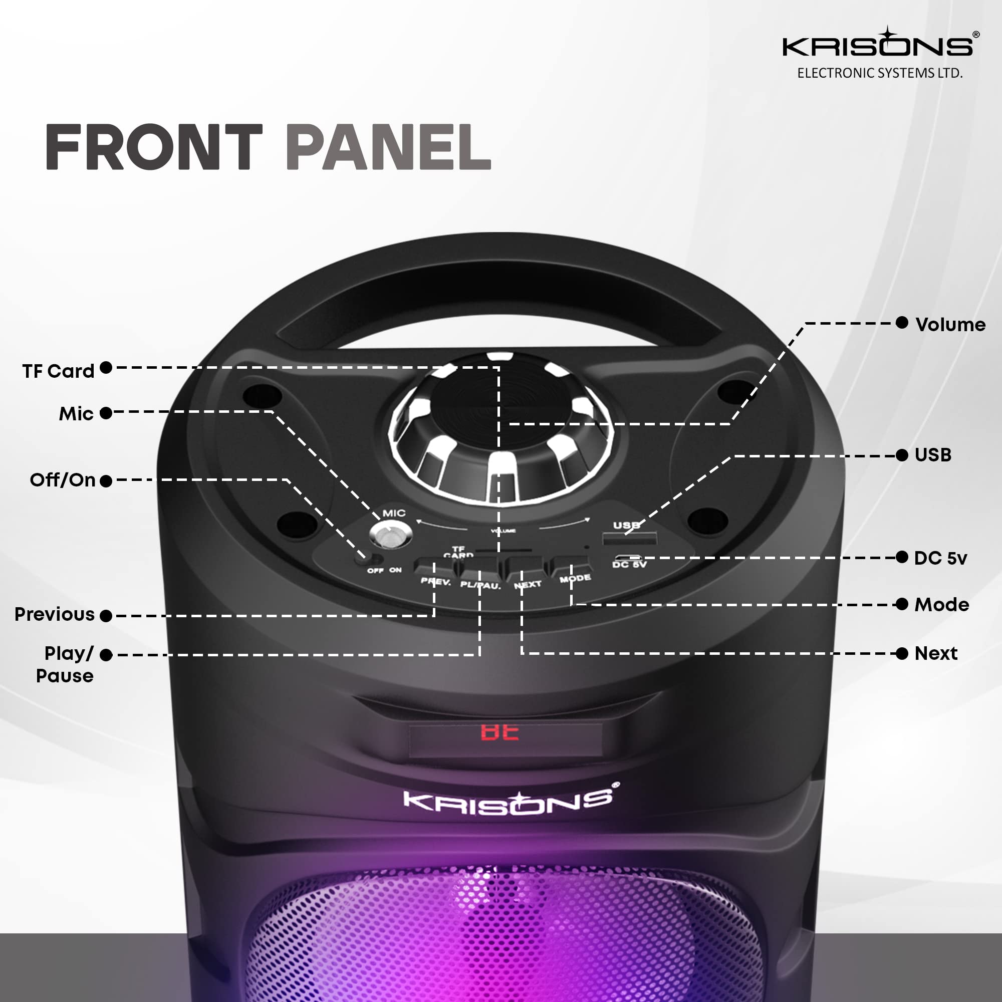 Krisons Cylender 4" Double Woofer 30W Multi-Media Bluetooth Party Speaker with Wired Mic for Karaoke,2400 MAH Battery, Digital Display,RGB Lights, USB, SD Card, FM Radio,Auto TWS Function & Remote - Image 8