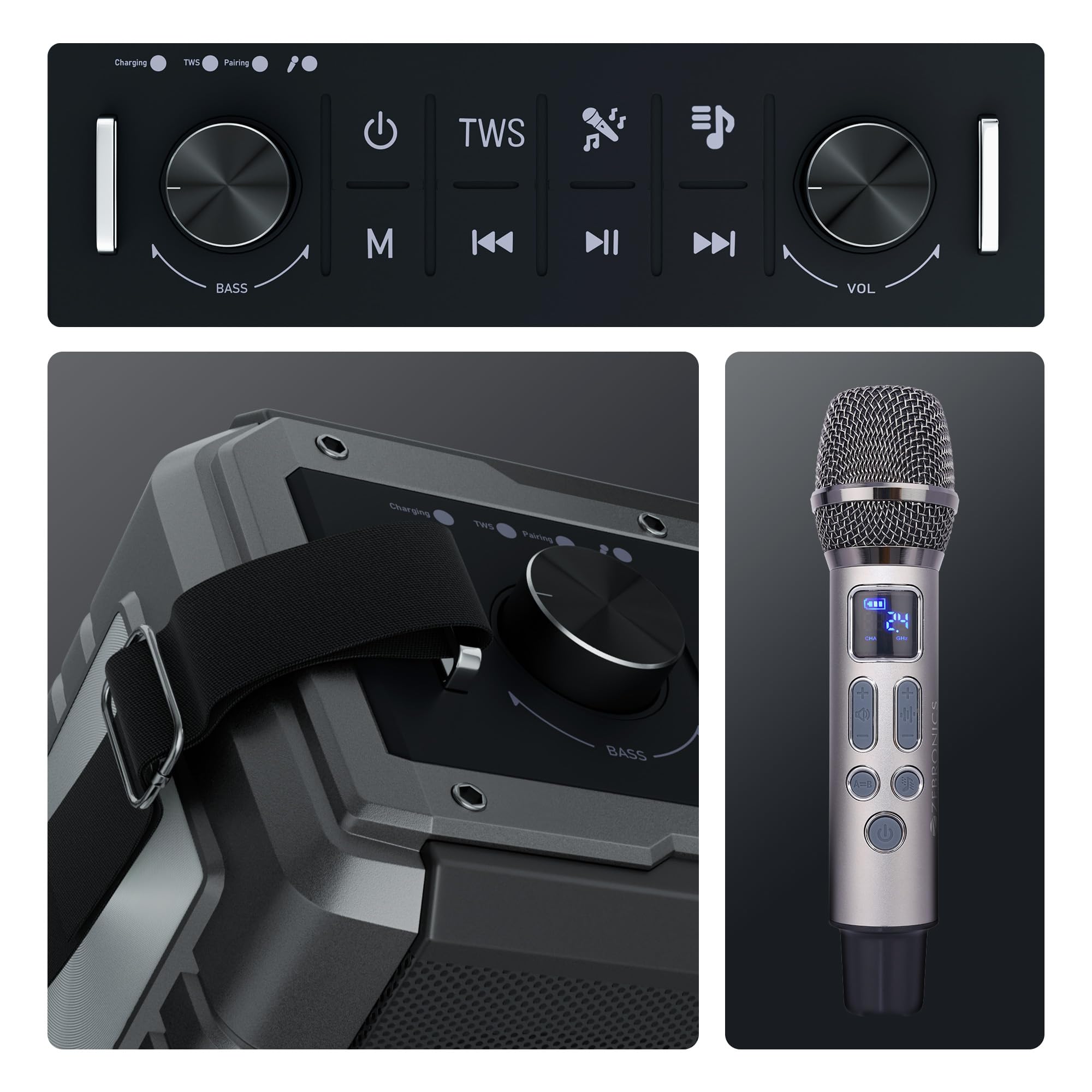 ZEBRONICS Music Bomb 2 Party Speaker with 80W, Supports Bluetooth, 10h Backup, USB, mSD, AUX, 6.3mm Guitar Input, TWS, Karaoke, Wireless Microphone, Detachable Carry Strap - Image 7