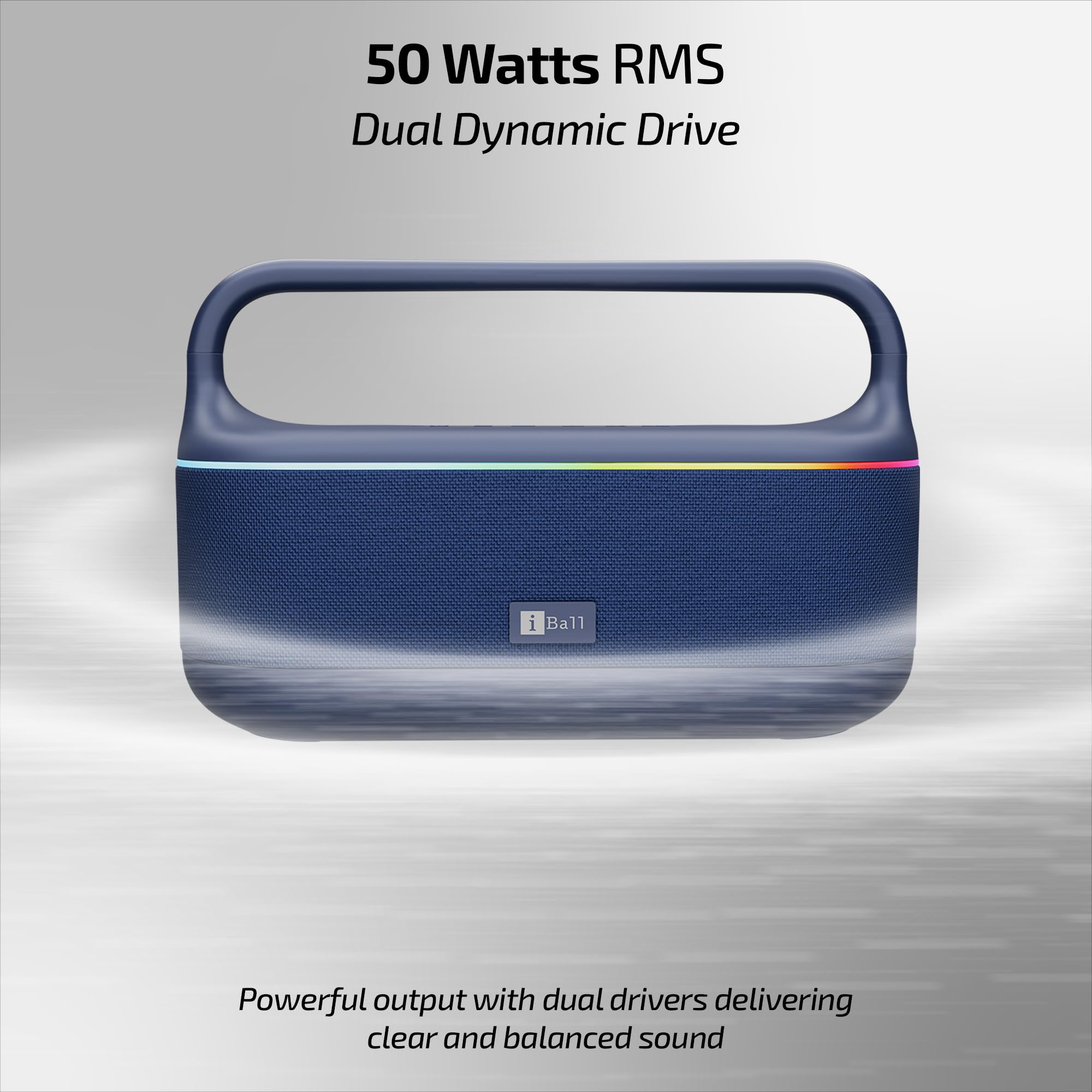 iBall Dhun 180 Portable Bluetooth Speaker, 50W RMS, 5Hrs Playback, Dual Drivers, Dual EQ, Metal Handle, Powerful BASS, TWS Support, RGB Lights, Fabric Finish, Type-C, Call Function (Blue) - Image 4