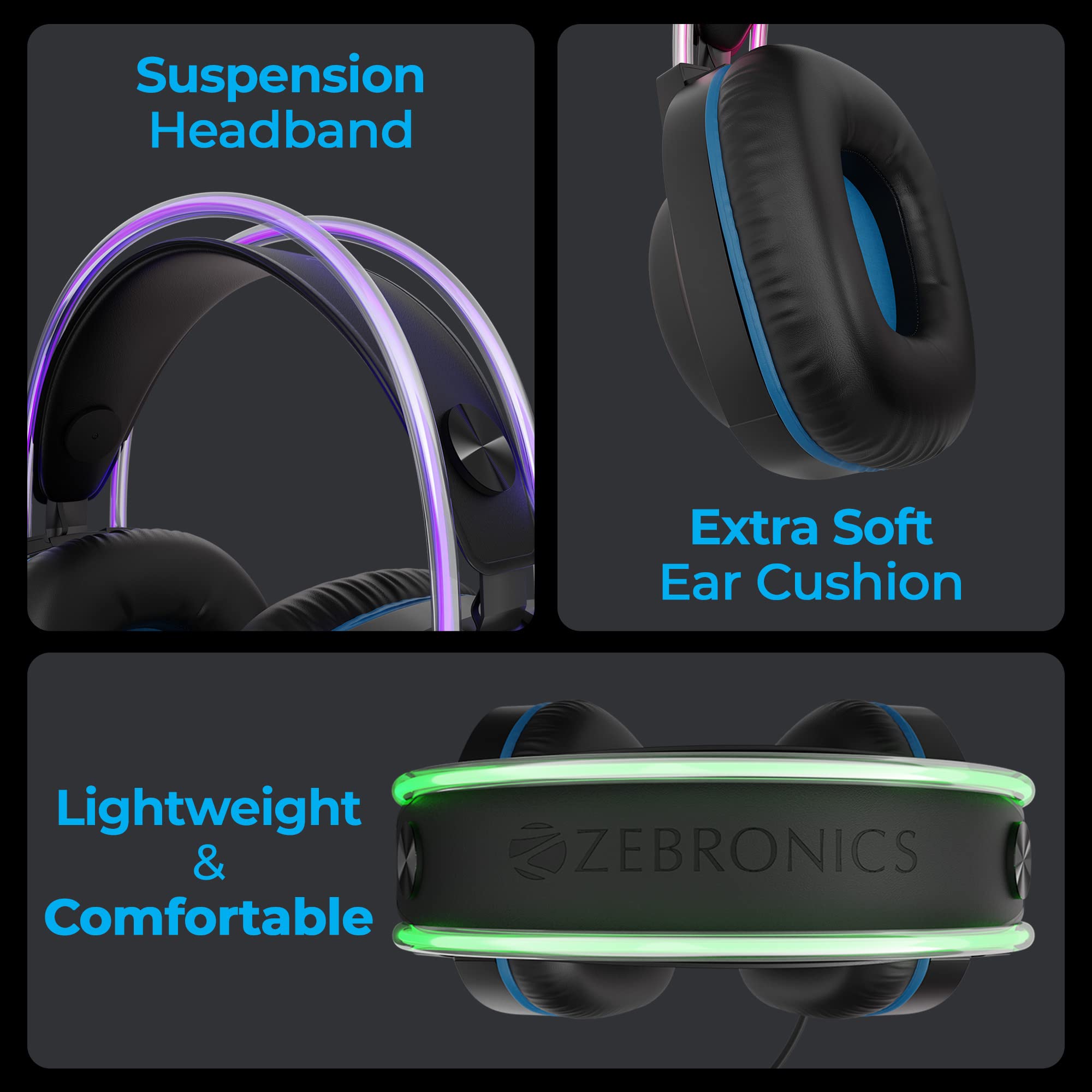 ZEBRONICS Jet PRO Premium Gaming Headphone with LED for Headband + earcups, 40mm Neodymium Drivers, 2 Meter Braided Cable, Flexible mic, Suspension Design, 3.5mm + USB Connector & in-line Controller