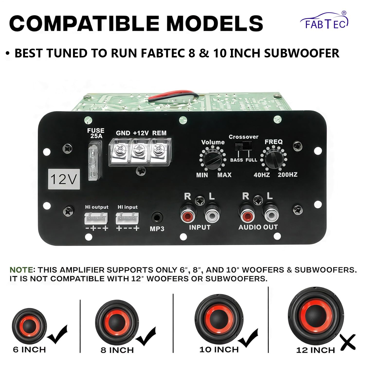 FABTEC 12V Dual Channel 120W Car Audio Amplifier – High Performance Stereo/Mono Amp with Deep Bass Support, Subwoofer Compatible, Class AB Design with MOSFET Power System