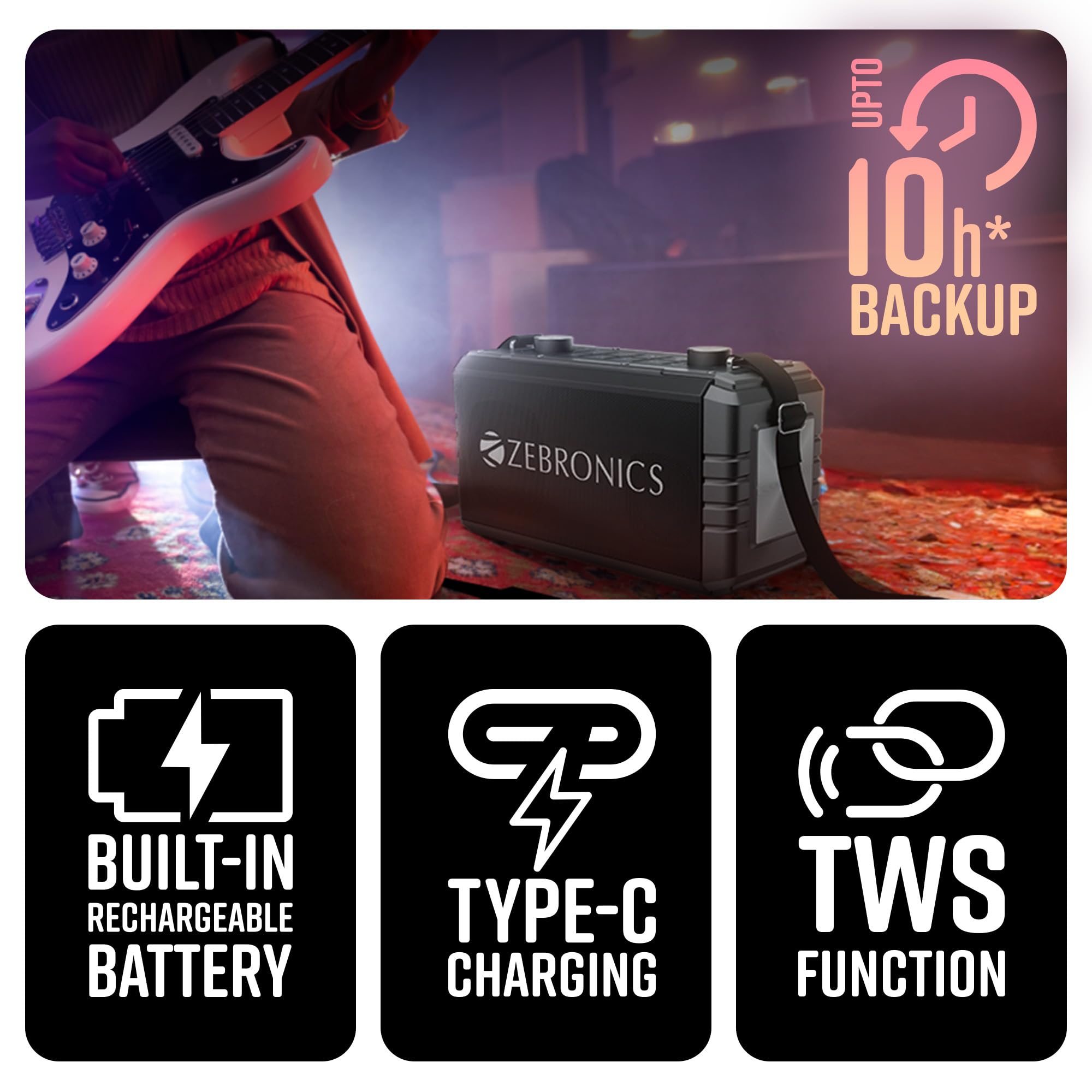 ZEBRONICS Music Bomb 2 Party Speaker with 80W, Supports Bluetooth, 10h Backup, USB, mSD, AUX, 6.3mm Guitar Input, TWS, Karaoke, Wireless Microphone, Detachable Carry Strap - Image 6