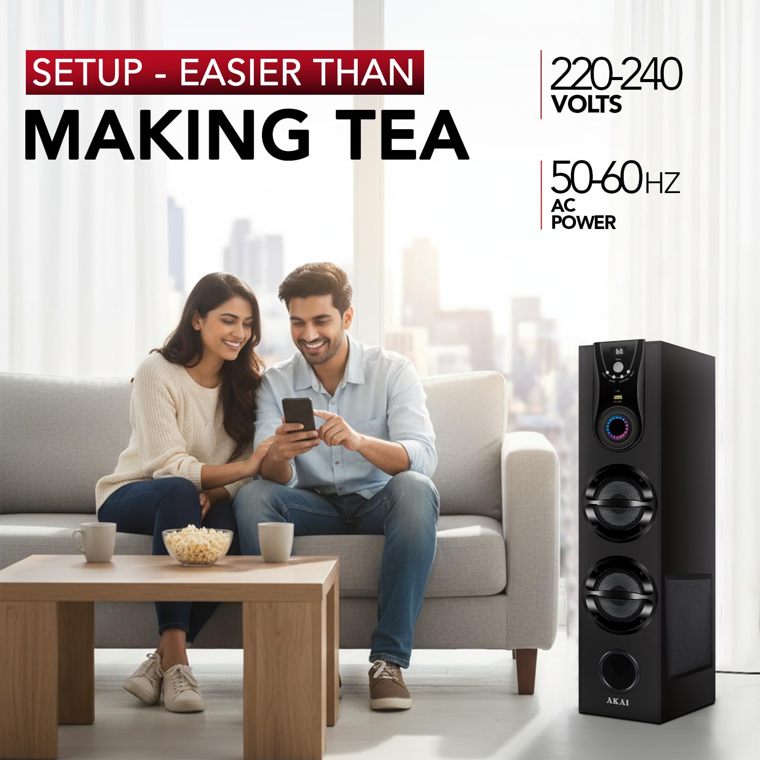 AKAI Tower Bluetooth Wireless Speaker 50W with Remote - 1 Year Warranty | Home Theater System 5.25" Woofer | Karaoke mic, LED Display, Deep Bass, FM, AUX, USB | Supports TV, PC & Smartphone (HA-TS50)