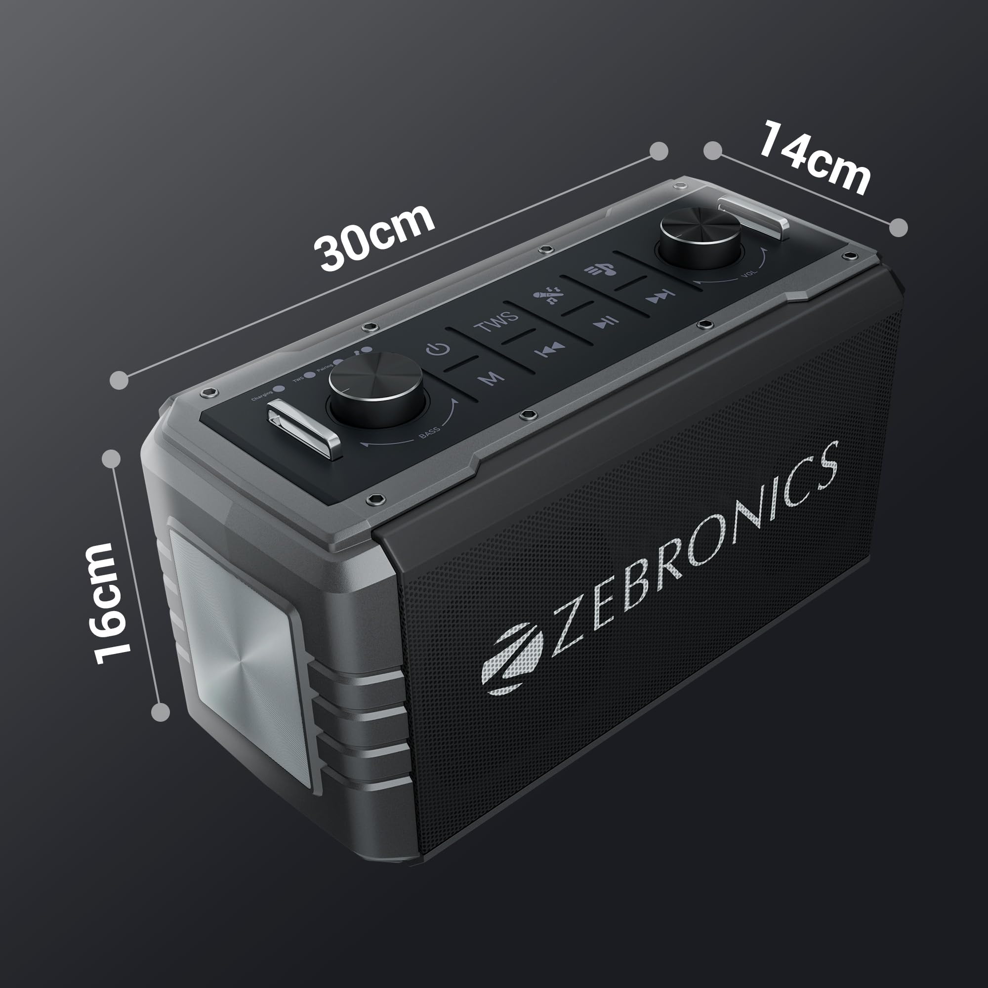 ZEBRONICS Music Bomb 2 Party Speaker with 80W, Supports Bluetooth, 10h Backup, USB, mSD, AUX, 6.3mm Guitar Input, TWS, Karaoke, Wireless Microphone, Detachable Carry Strap