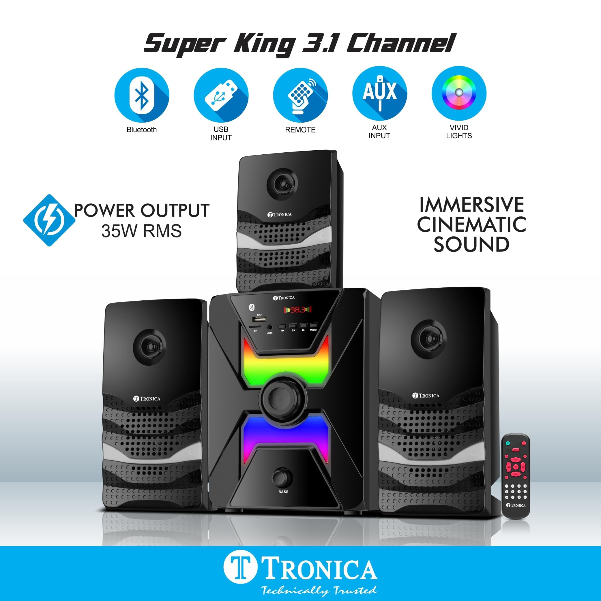 Tronica Super King 3.1 Channel 35W Complete Bluetooth Home Theatre System with Subwoofer, Remote Control, Aux,Pen Drive,FM & Smart TV Support - Image 4