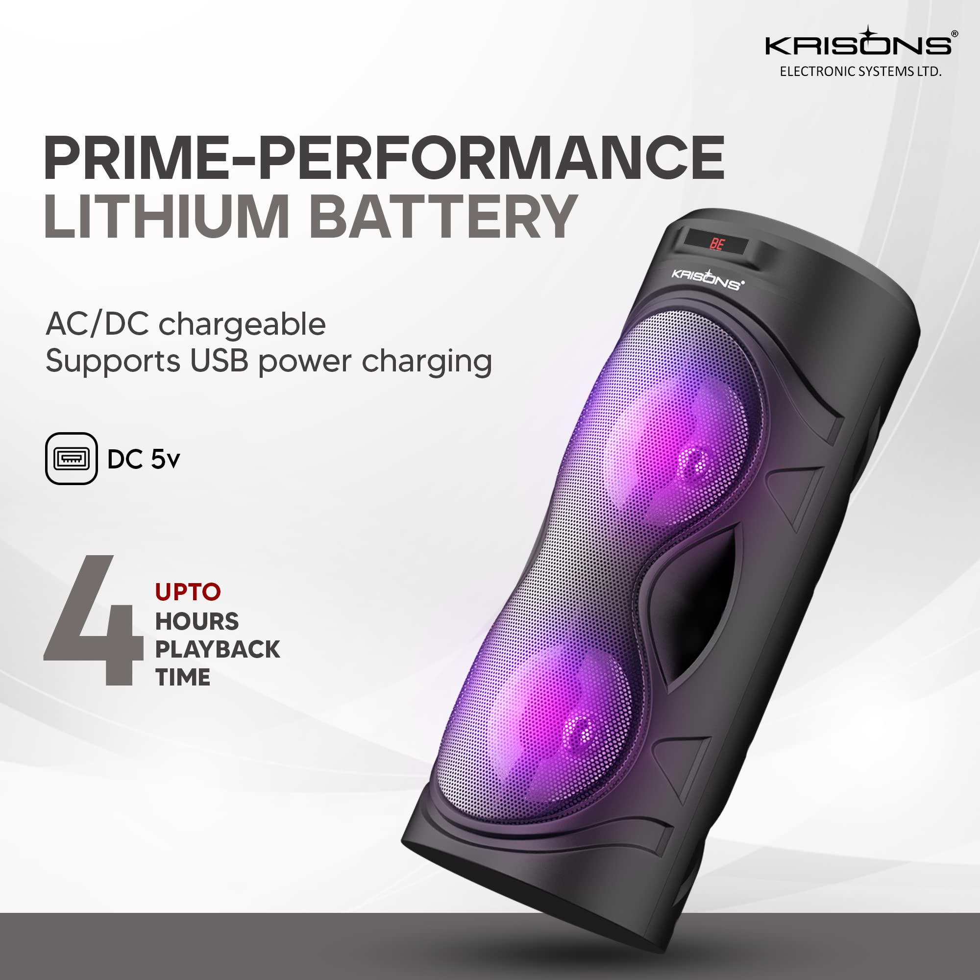 Krisons Cylender 4" Double Woofer 30W Multi-Media Bluetooth Party Speaker with Wired Mic for Karaoke,2400 MAH Battery, Digital Display,RGB Lights, USB, SD Card, FM Radio,Auto TWS Function & Remote - Image 6