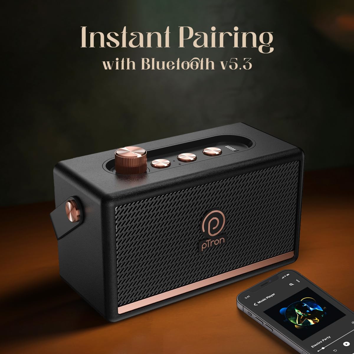 pTron Fusion Pro Retro Signature 20W Bluetooth Speaker with Pristine Sound, 8 Hours Playtime, Dual Drivers, Playback via BT5.3/USB/TF Card, Easy Controls, Portable Speaker & Type C Charging (Black)