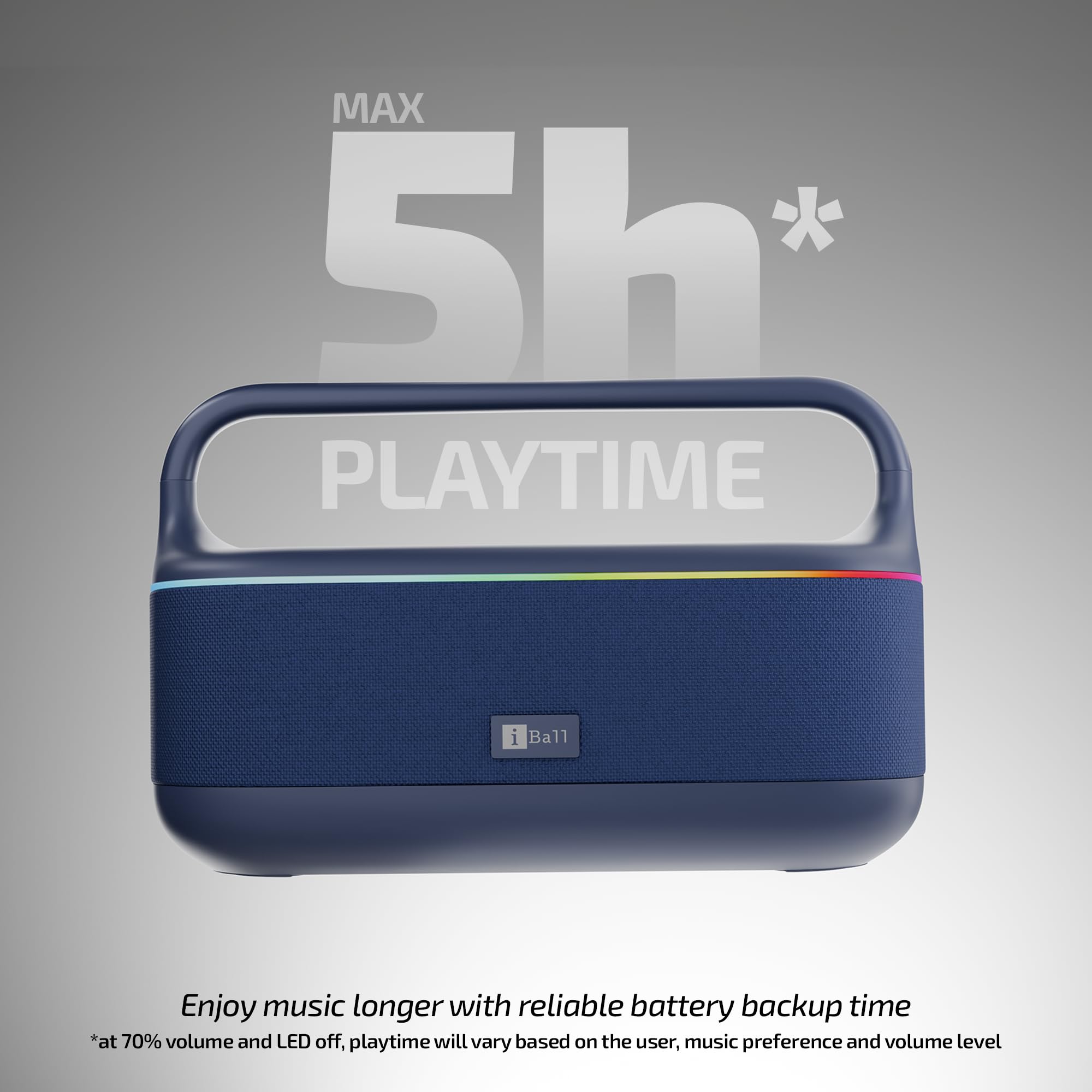 iBall Dhun 180 Portable Bluetooth Speaker, 50W RMS, 5Hrs Playback, Dual Drivers, Dual EQ, Metal Handle, Powerful BASS, TWS Support, RGB Lights, Fabric Finish, Type-C, Call Function (Blue) - Image 5