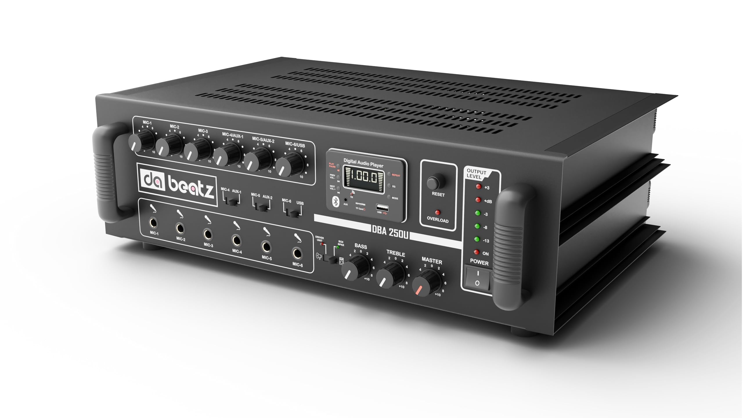 DaBeatz 250 watt Professional Power PA Amplifier with 6 mic input Power AV Amplifier with Bluetooth/MIC Input/USB/SD Card/FM Radio/AUX Input/Remote Control, Equalizer, Bass,Treble (250 watt Output)