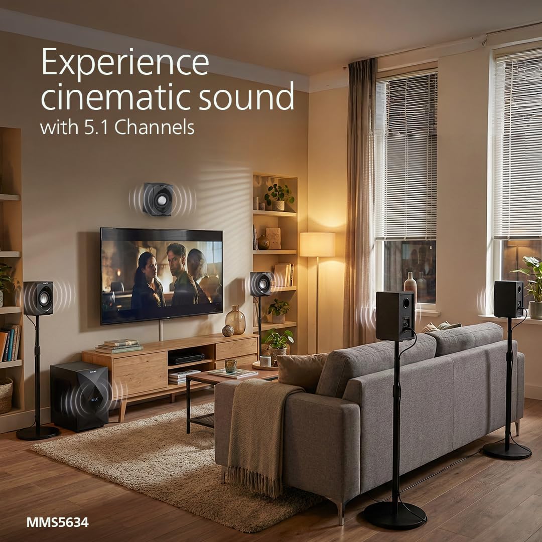 Philips MMS5634/94 5.1 Bluetooth Speaker System for Home, 100W Multimedia Speakers with Powerful woofer, Wireless Audio Streaming, Surround Sound Speakers for TV, Laptop with Remote Control (Black) - Image 5