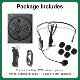SHIDU S617 Mini Wired Voice Amplifier with Wired Headset,16W Speaker, Mute Function, Bluetooth 5.0, AUX Input & Type C Charging Port for Teachers Tour Guides Coaches Classroom Meeting|Black