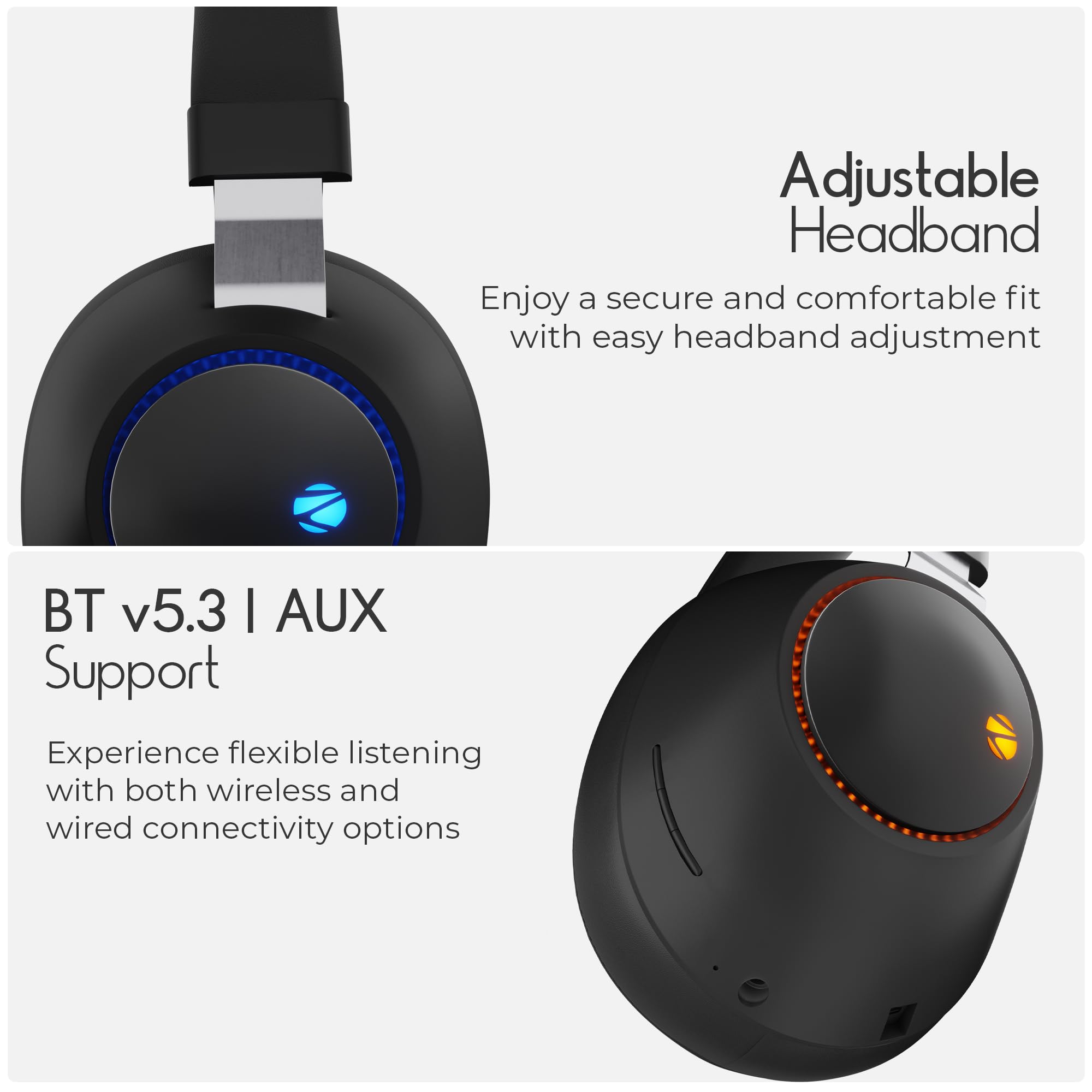 ZEBRONICS Duke (2026 Upgrade) Wireless Headphone, BT v5.3, Upto 60 hrs Playback, 40mm Drivers, Deep Bass, ENC, Gaming Mode, Dual Pairing, LED Lights, Media/Volume Control, Call Function (Black) - Image 8