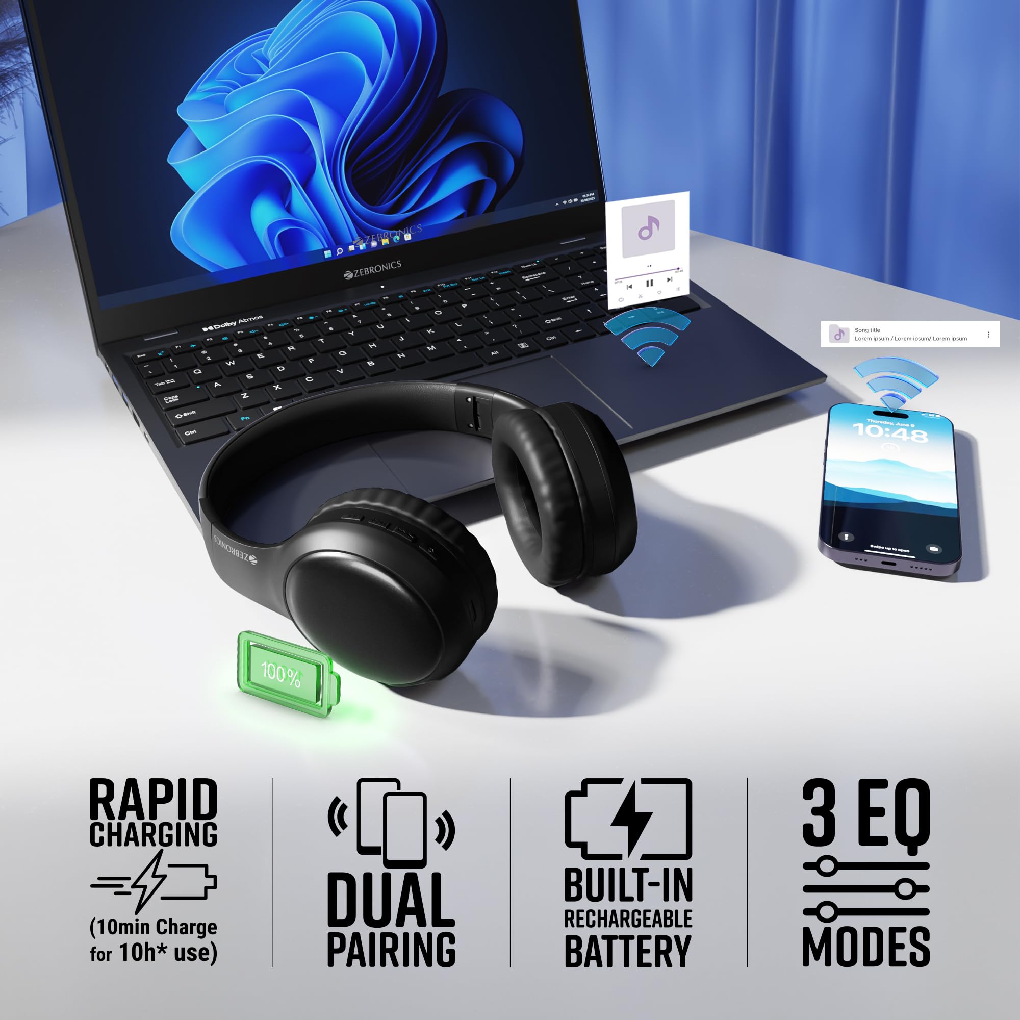 Zebronics Thunder Max (2026 Upgrade) Wireless Headphones, BT v6.0, Upto 120hrs Playback, 40mm Drivers, ENC, Gaming Mode, Dual Pairing, AUX, Rapid Charge, 3 EQ Modes, Voice Assistant, (Black) - Image 7