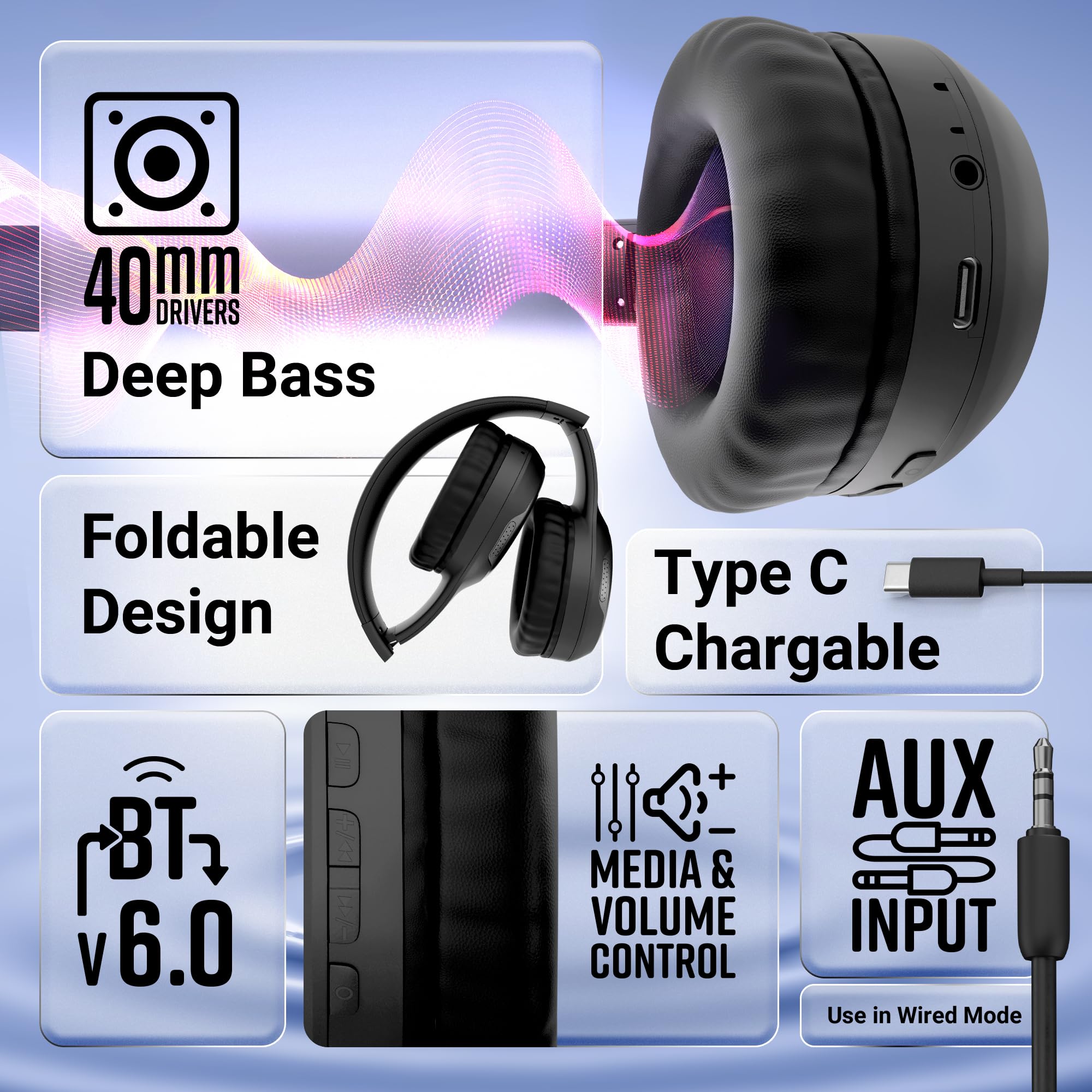 Zebronics Thunder Max (2026 Upgrade) Wireless Headphones, BT v6.0, Upto 120hrs Playback, 40mm Drivers, ENC, Gaming Mode, Dual Pairing, AUX, Rapid Charge, 3 EQ Modes, Voice Assistant, (Black) - Image 6