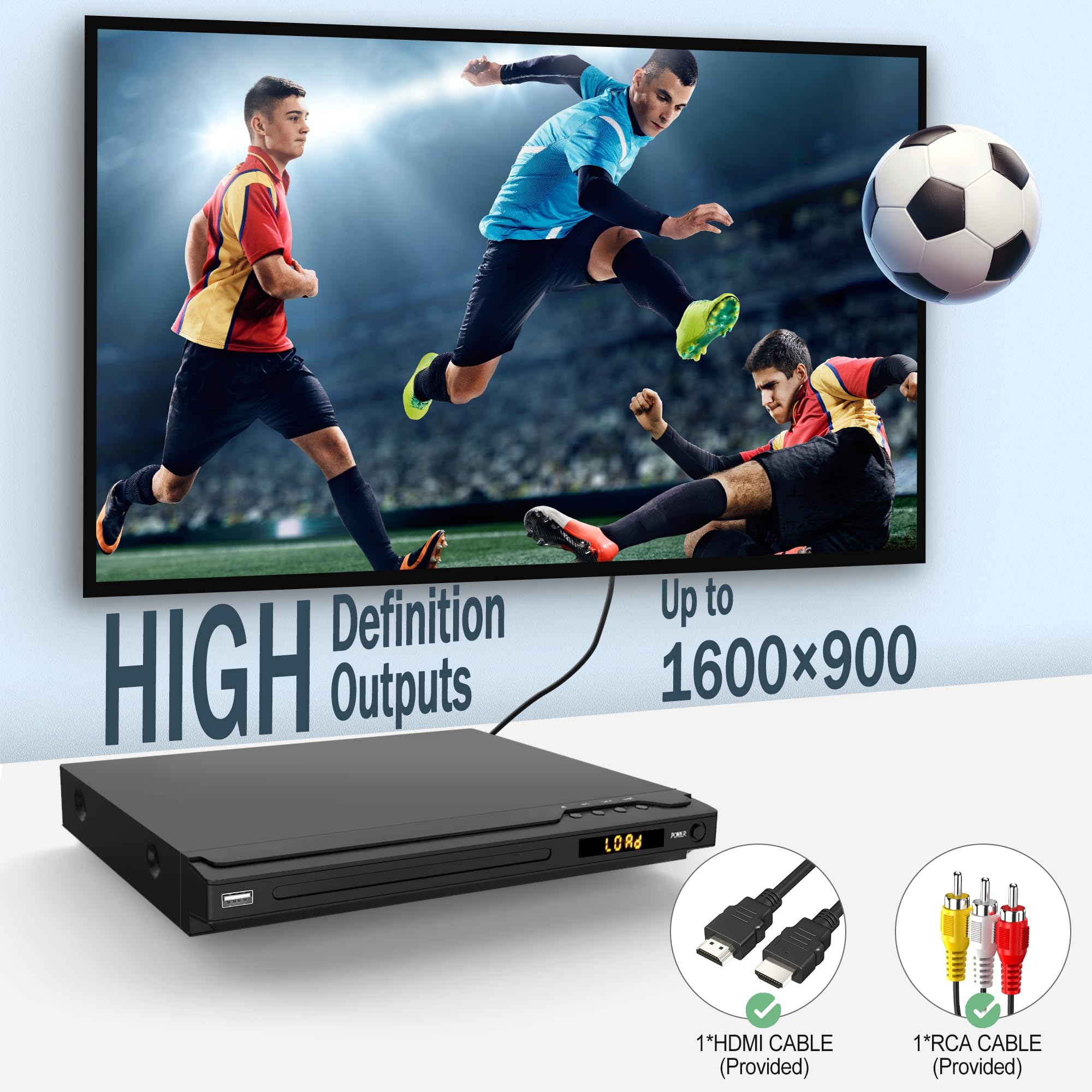 HDMI DVD Player, Multi-Region DVD Player for TV, Supports Mic's & USB Input, NTSC/PAL Systems, HDMI/RCA Cables and Remote Control Included - Image 5
