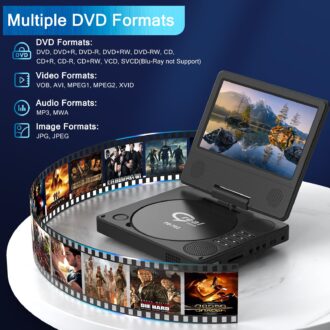9.5" Portable DVD Player with 7.5" Swivel Display Screen, 5-Hour Built-in Rechargeable Battery, Car DVD Player,Supports SD Card/USB/CD/DVD and Multiple Disc Formats, High Volume Speaker,Black
