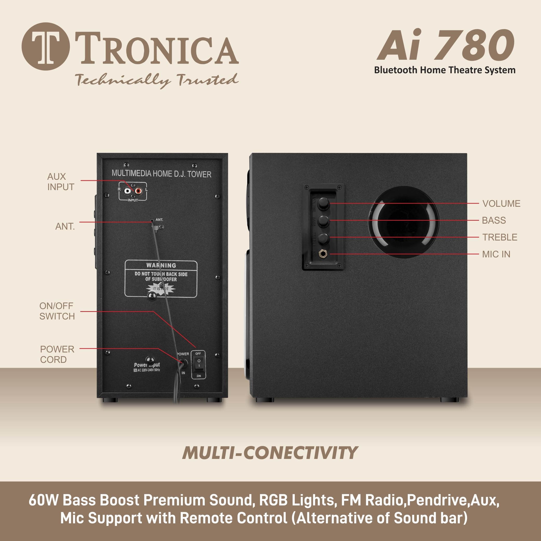 Tronica AI780 Bluetooth Home Theatre Speaker System with 60W Sound & Bass Boost, LED Display, RGB Lights, FM, USB, AUX, Mic Support & Remote Control - Image 5