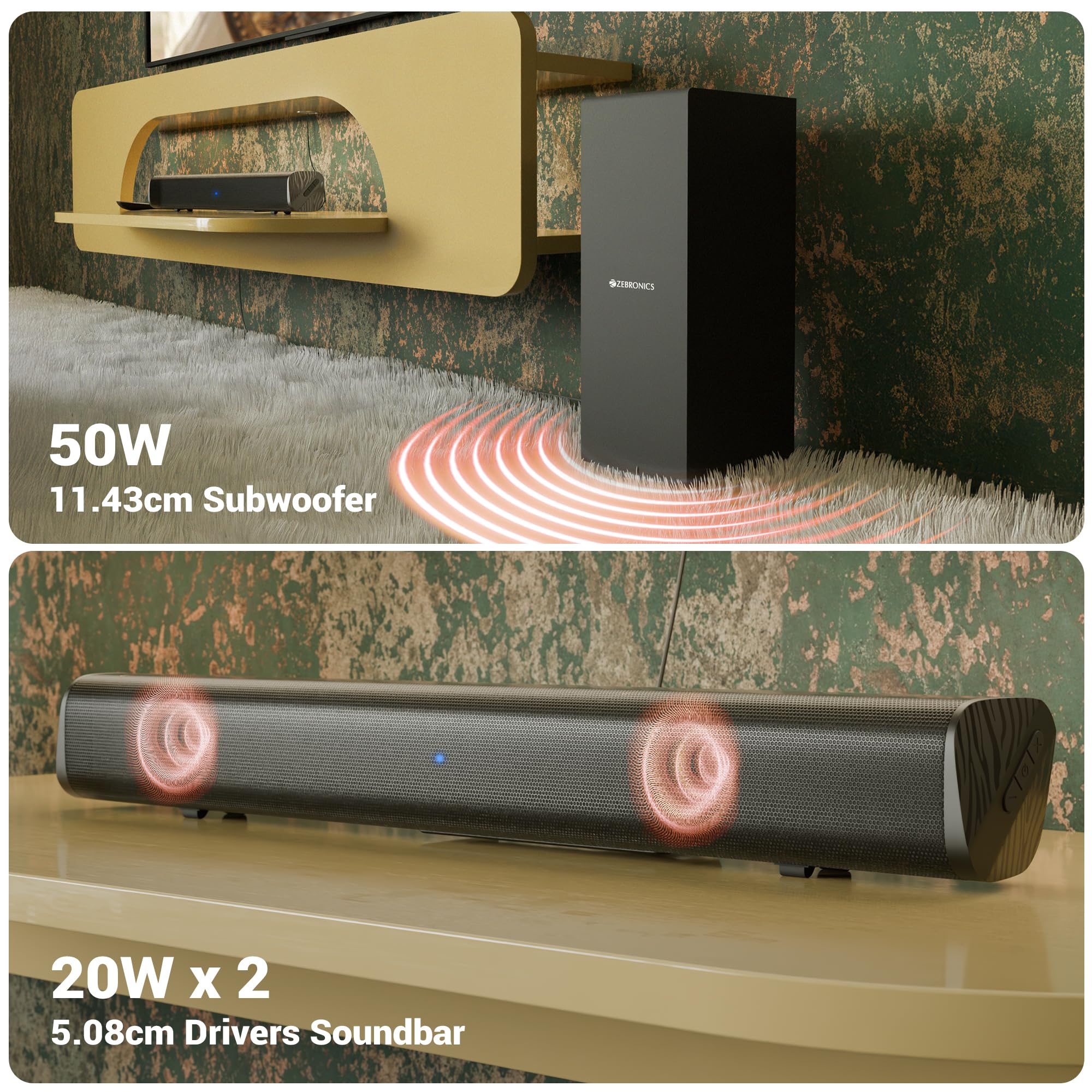 ZEBRONICS 90 Watts, Compact Soundbar, Home Theatre, Dual Driver Soundbar, 11.43cm Subwoofer, HDMI ARC, Bluetooth v5.1, Wall Mountable, Glossy Finish (Juke BAR 200A) - Image 5