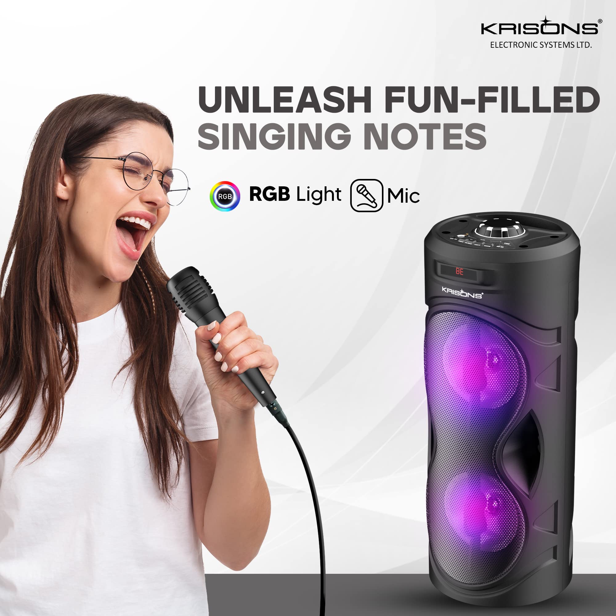 Krisons Cylender 4" Double Woofer 30W Multi-Media Bluetooth Party Speaker with Wired Mic for Karaoke,2400 MAH Battery, Digital Display,RGB Lights, USB, SD Card, FM Radio,Auto TWS Function & Remote - Image 7