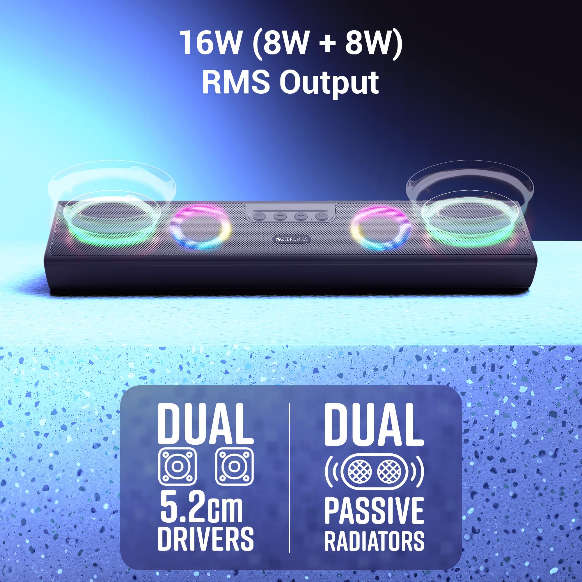 ZEBRONICS Astra 35, Portable Bluetooth Speaker, 16 Watts, Upto 8h Backup, Dual Drivers + Dual Passive Radiators, Call Function, Bluetooth v5.3 | USB | mSD| AUX, TWS, RGB LED - Image 3