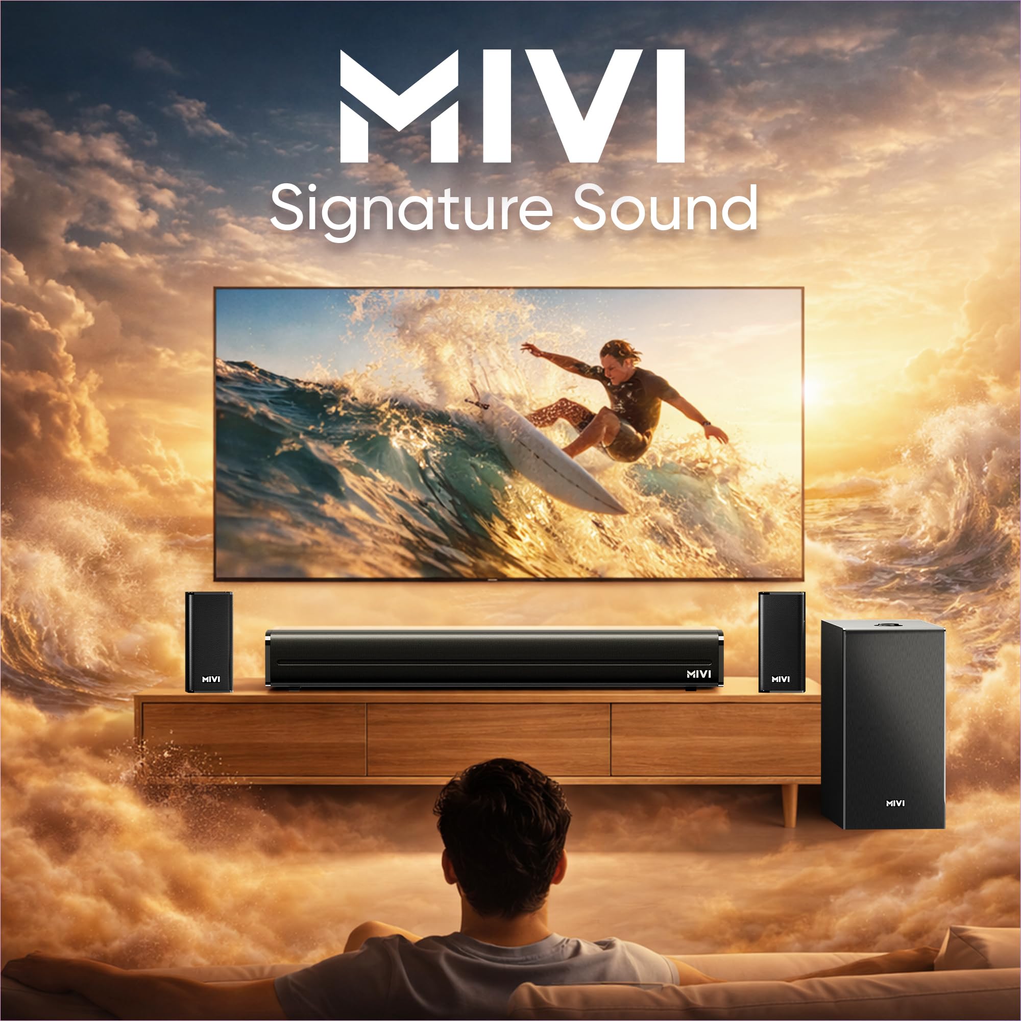 Mivi Nex 450 Soundbar [New Launch], 450W 5.1 Channel System with 3 in-Built Speakers, 2 Satellite Speakers and a Subwoofer, Nex Surround Feel Technology, Multiple Input Modes, Made in India