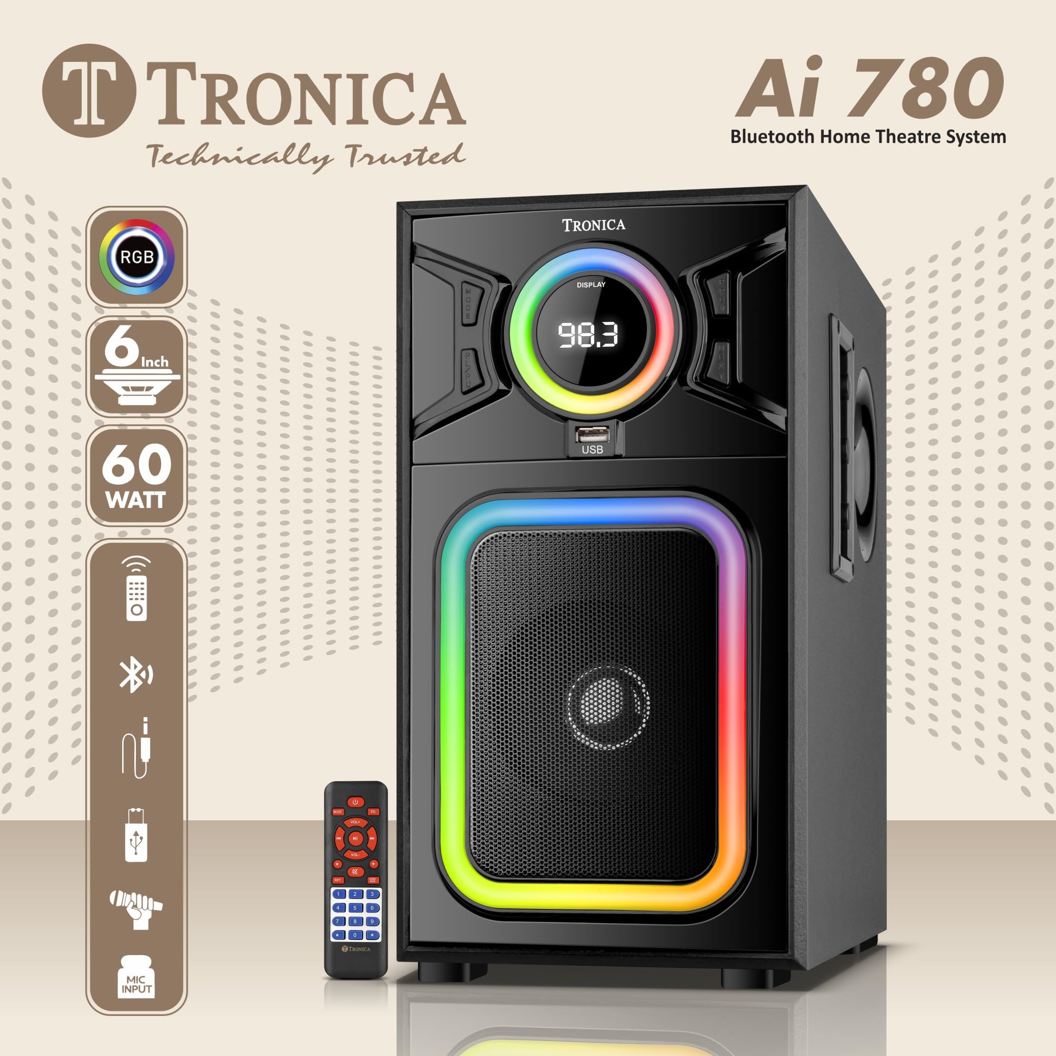 Tronica AI780 Bluetooth Home Theatre Speaker System with 60W Sound & Bass Boost, LED Display, RGB Lights, FM, USB, AUX, Mic Support & Remote Control - Image 4