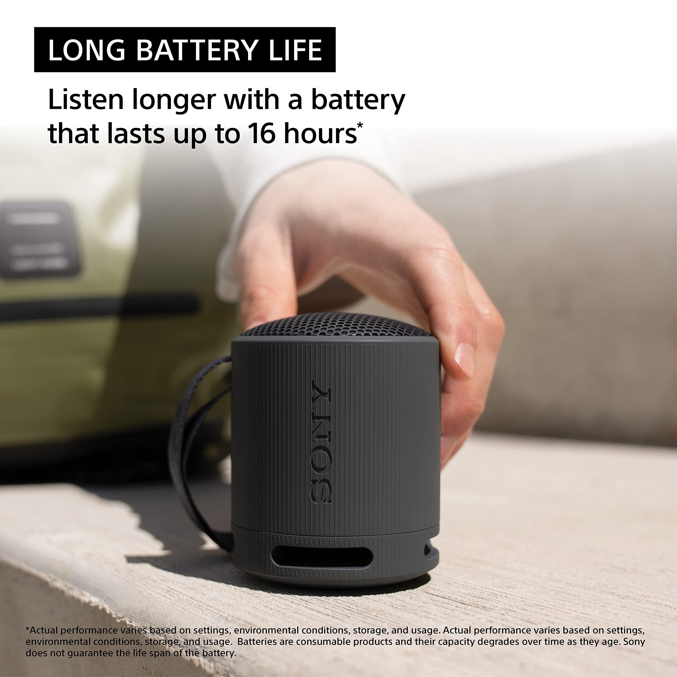 Sony SRS-XB100 Wireless Bluetooth Portable Lightweight Super-Compact Travel Speaker, Extra-Durable IP67 Waterproof & Dustproof, 16 Hrs Batt, Versatile Strap, Extra Bass & Hands-Free Calling-Black - Image 3
