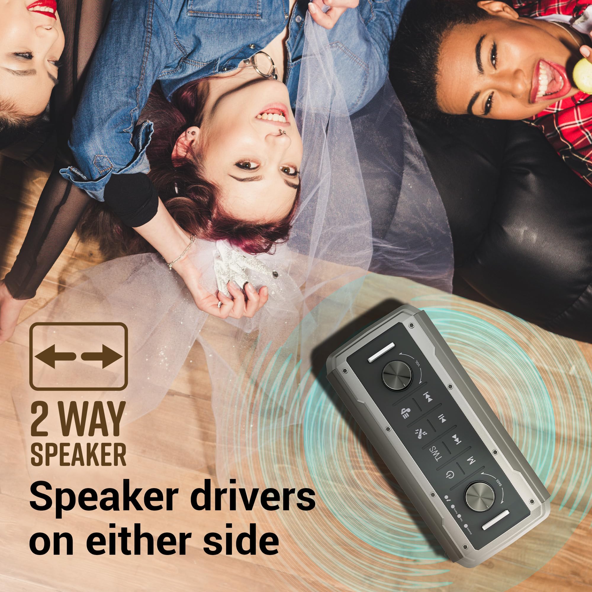 ZEBRONICS Music Bomb 2 Party Speaker with 80W, Supports Bluetooth, 10h Backup, USB, mSD, AUX, 6.3mm Guitar Input, TWS, Karaoke, Wireless Microphone, Detachable Carry Strap - Image 4