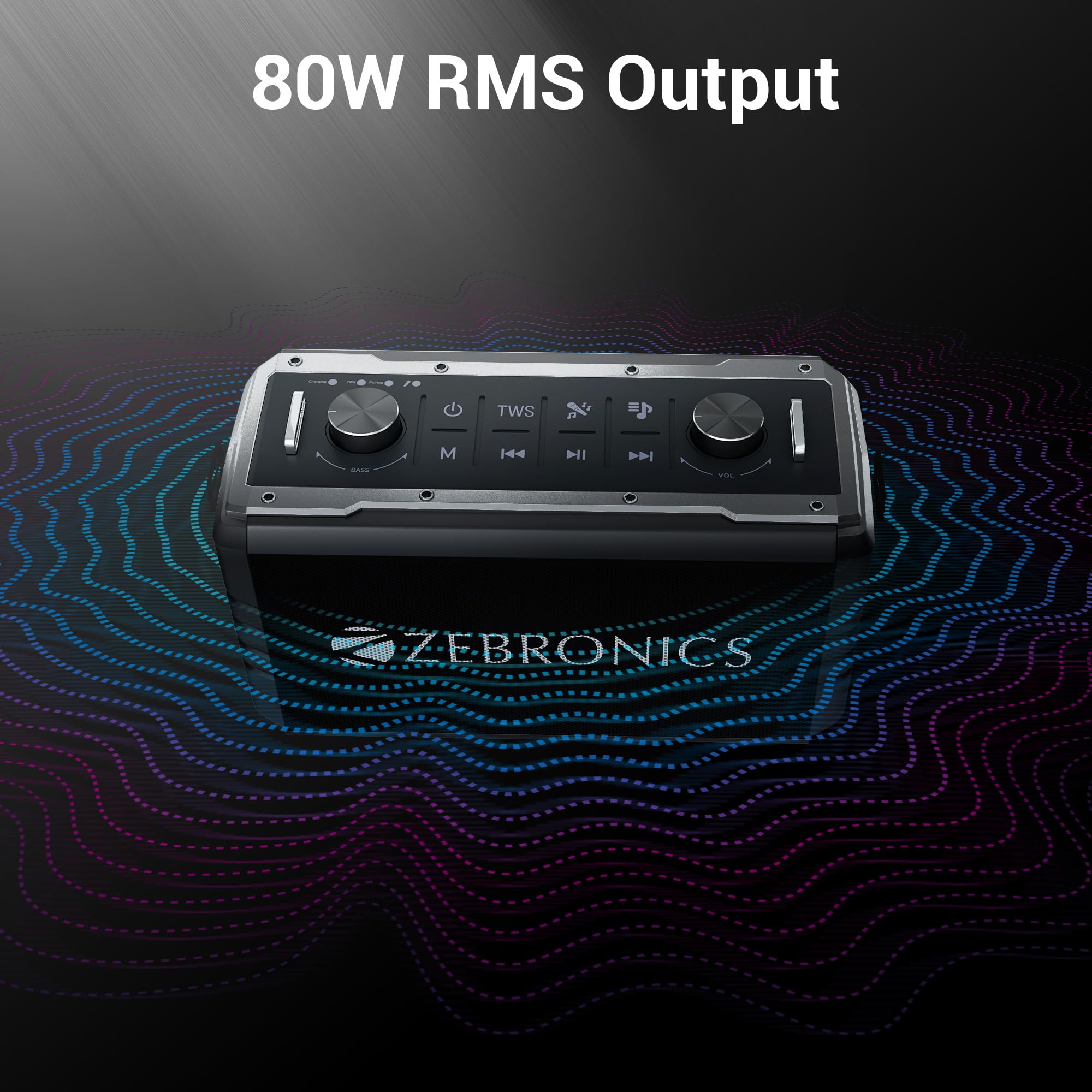 ZEBRONICS Music Bomb 2 Party Speaker with 80W, Supports Bluetooth, 10h Backup, USB, mSD, AUX, 6.3mm Guitar Input, TWS, Karaoke, Wireless Microphone, Detachable Carry Strap - Image 3
