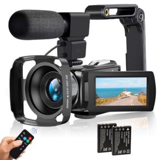 Camcorder Video Camera 4K 48MP HD Camera Recorder, 18X Digital Zoo 3" Touch Screen Vlogging Camera for YouTube with Microphone, Stabilizer, Lens Hood, Remote and 2 Batteries