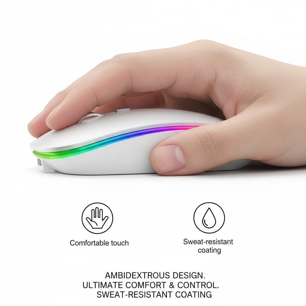 Slim Wireless Mouse with Rechargeable Battery | Dual Mode BT + 2.4GHz Mouse | Silent Click | 800/1200/1600 DPI Adjustable | Multicolor LED | Lightweight Ergonomic Mouse for Laptop & PC - Image 5