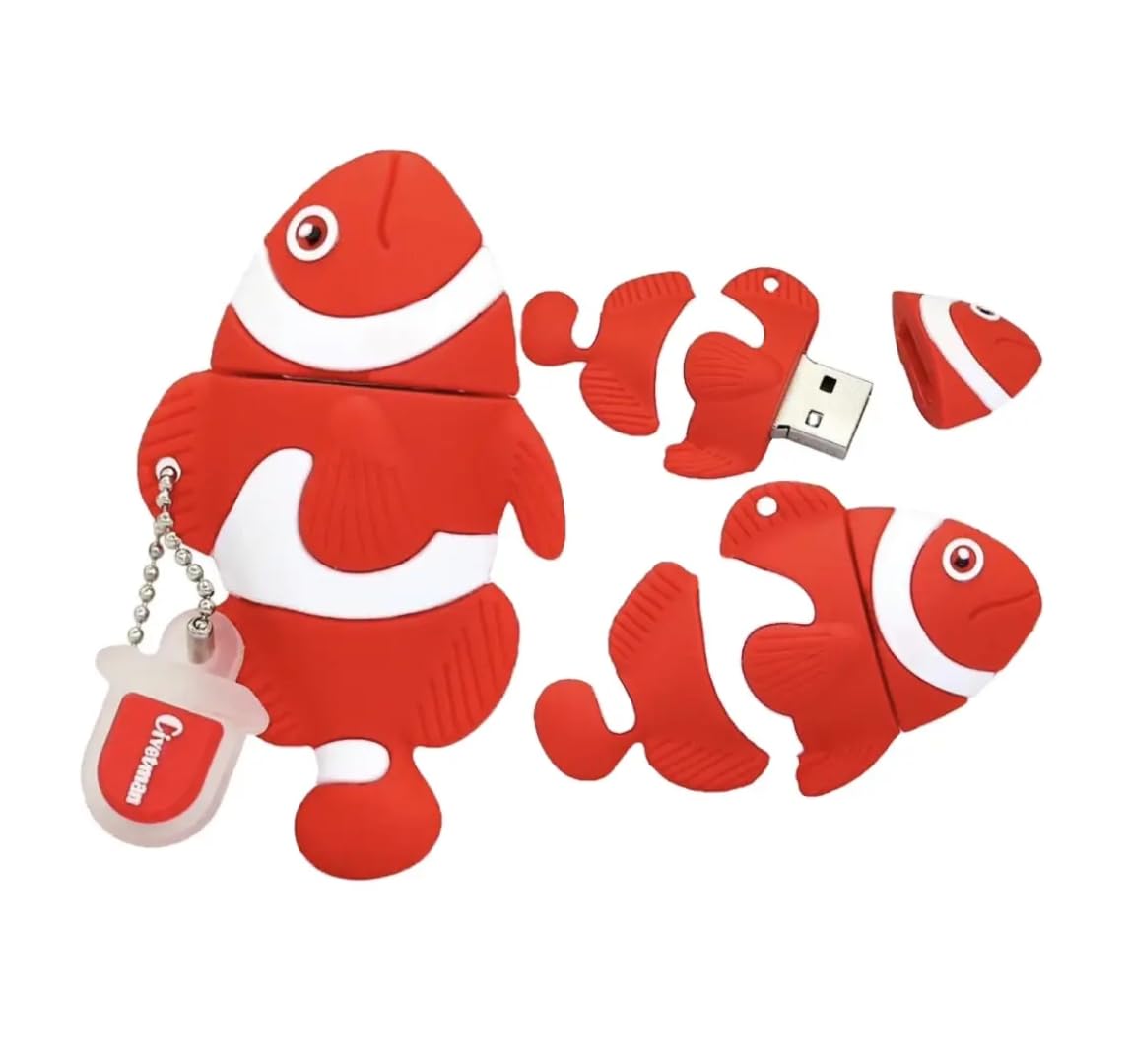 SippyTales~128GB, Fish USB Flash Drive, Red and White Silicone Design,2.0 Portable Data Storage Device