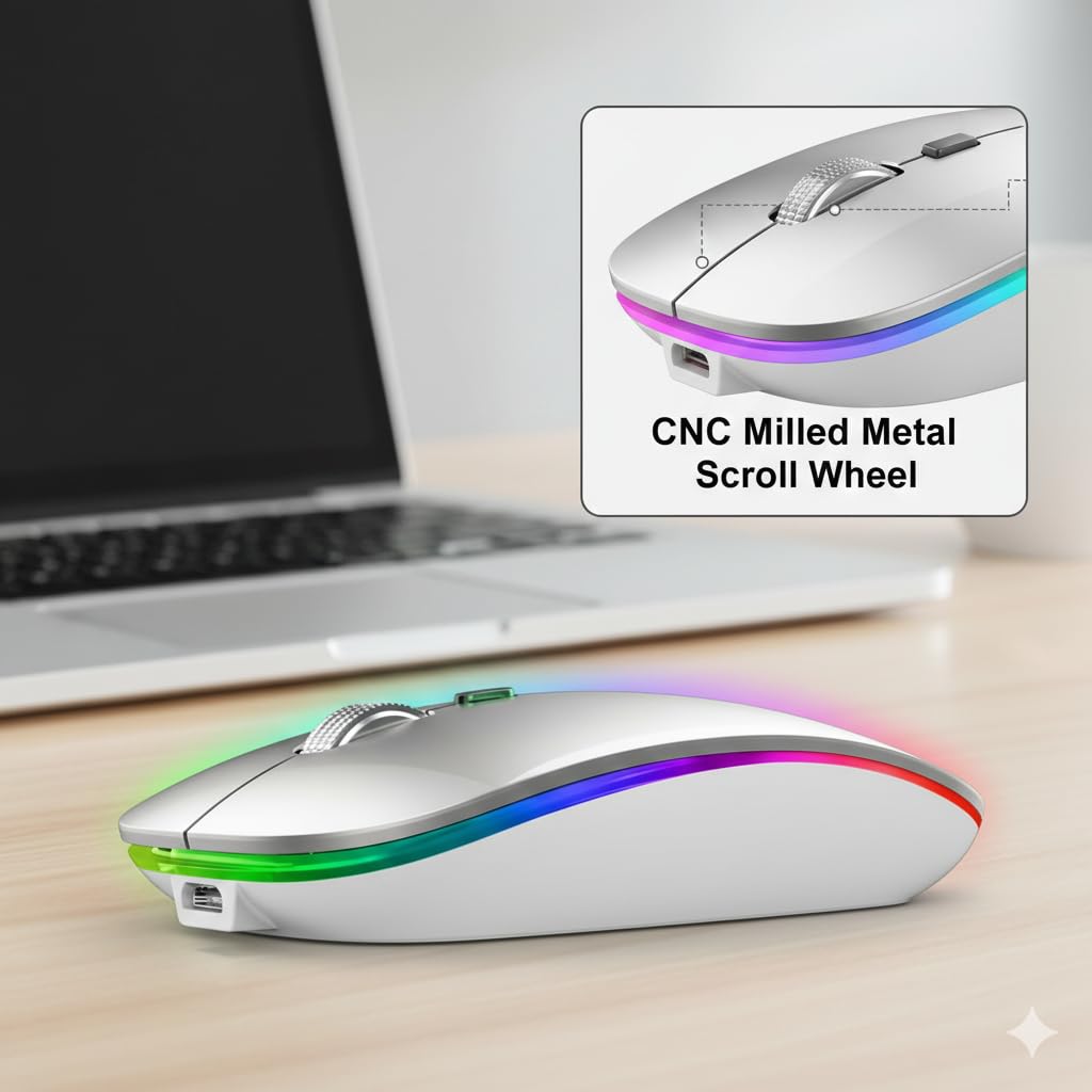 Slim Wireless Mouse with Rechargeable Battery | Dual Mode BT + 2.4GHz Mouse | Silent Click | 800/1200/1600 DPI Adjustable | Multicolor LED | Lightweight Ergonomic Mouse for Laptop & PC - Image 2