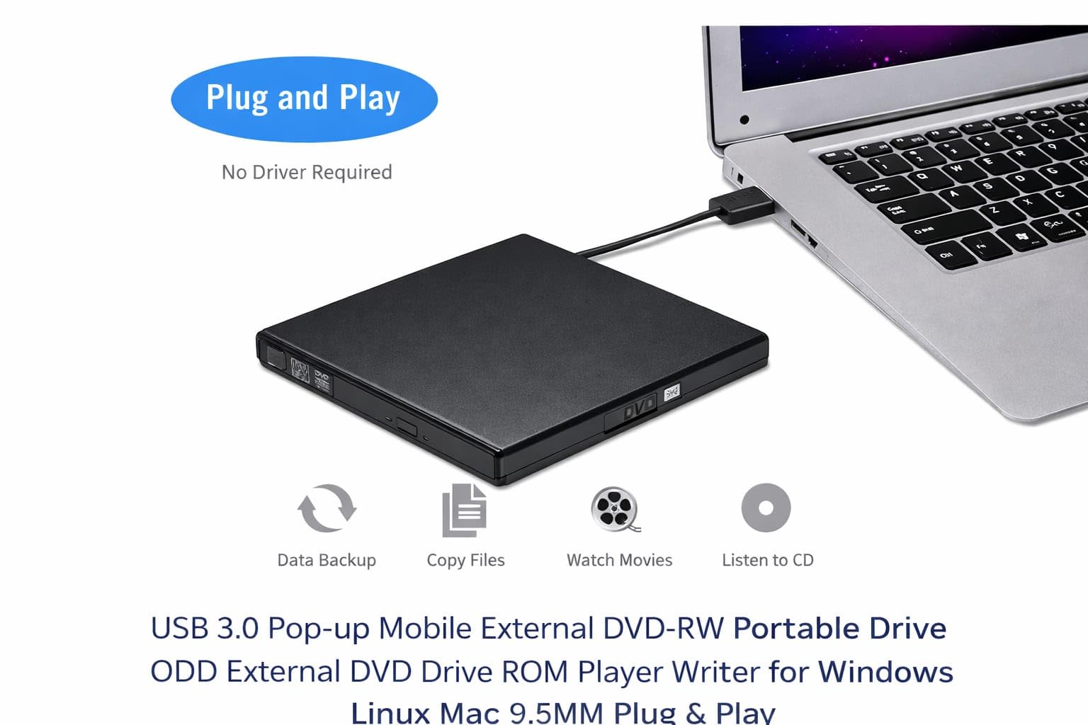 USB 3.0 Pop-up Mobile External DVD-RW Portable Drive ODD External DVD Drive ROM Player Writer for Windows Linux Mac Plug & Play - Image 2